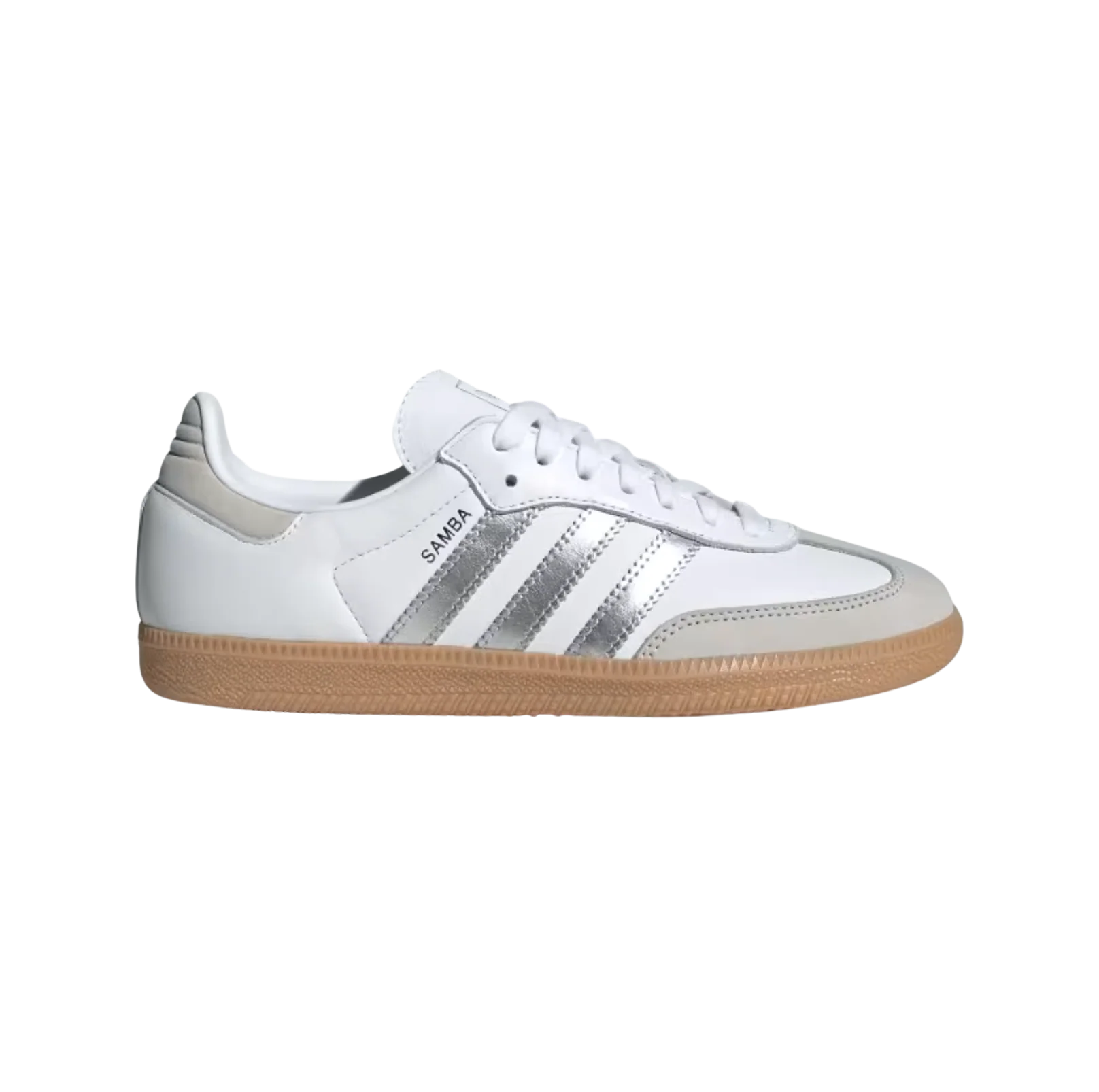 Adidas Samba OG White Silver – vue latérale des baskets rétro en cuir et suède blanc avec semelle gomme et détails argentés