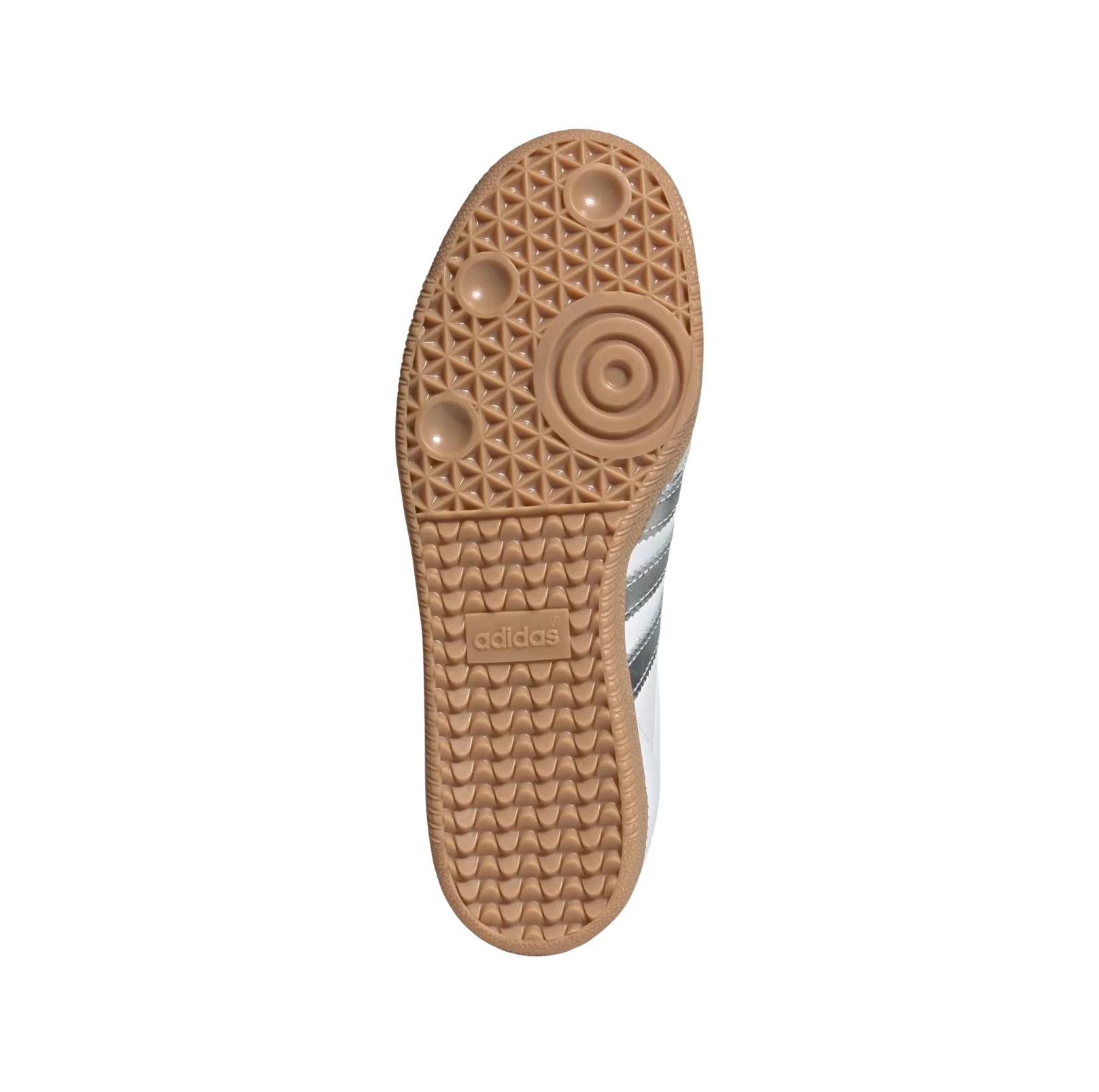 Adidas Samba OG White Silver – vue semelle des baskets rétro en cuir et suède blanc avec semelle gomme et détails argentés