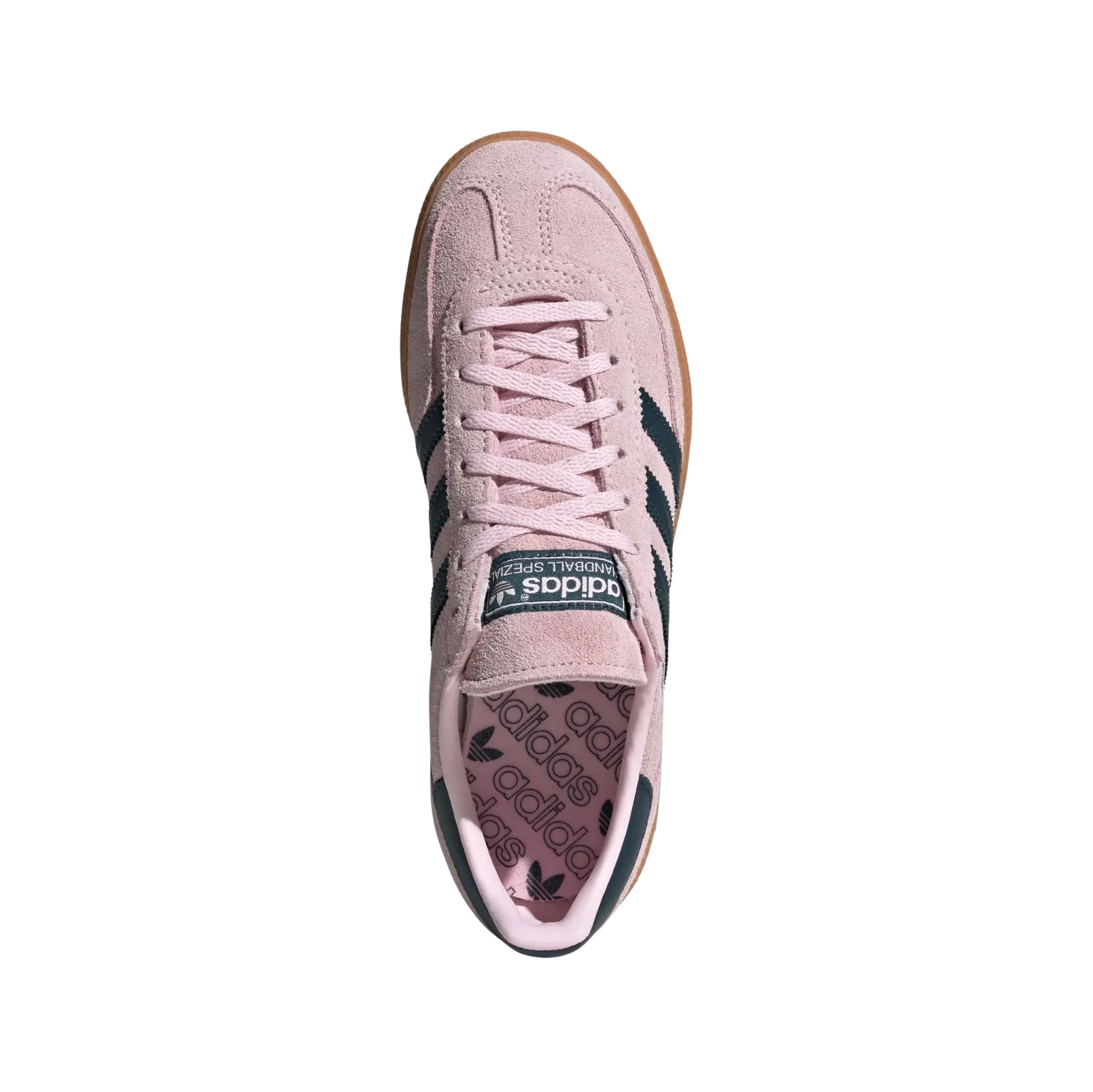 Adidas Spezial Clear Pink – vue dessus des baskets rétro en suède avec semelle gomme et bandes Arctic Night