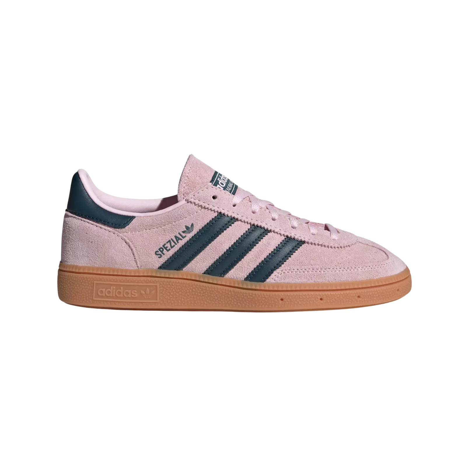 Adidas Spezial Clear Pink – vue latérale des baskets rétro en suède avec semelle gomme et bandes Arctic Night