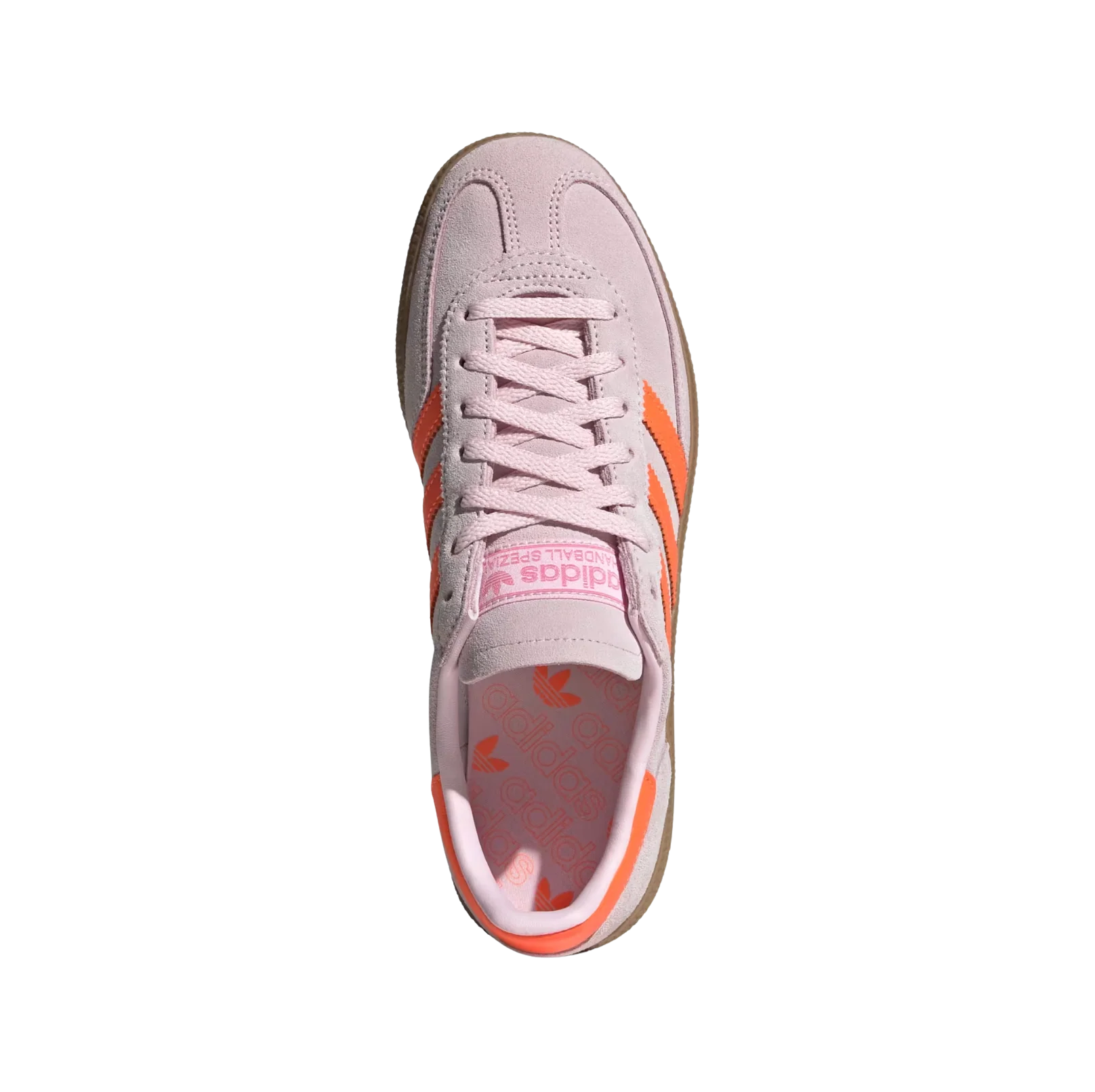 Adidas Spezial Clear Pink – vue dessus des baskets rétro en suède avec détails Solar Orange et semelle gomme