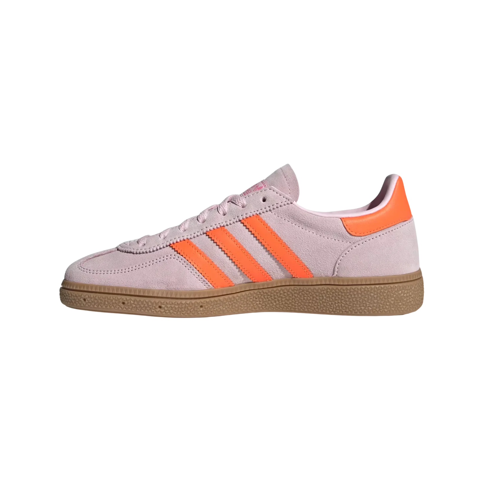 Adidas Spezial Clear Pink – vue latérale opposée des baskets rétro en suède avec détails Solar Orange et semelle gomme
