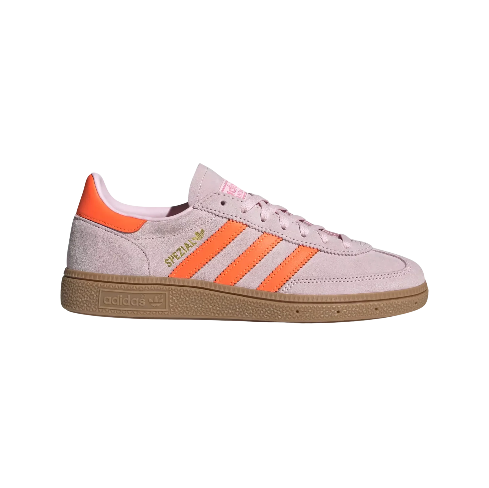 Adidas Spezial Clear Pink – vue latérale des baskets rétro en suède avec détails Solar Orange et semelle gomme