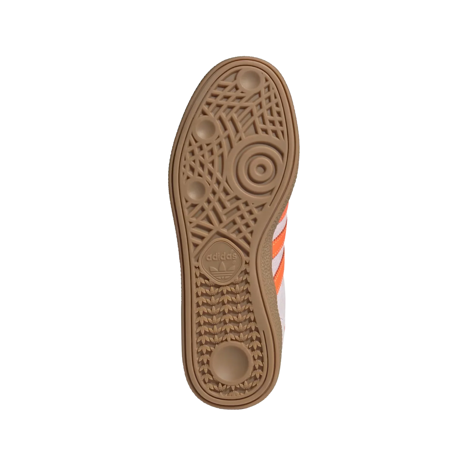 Adidas Spezial Clear Pink – vue semelle des baskets rétro en suède avec détails Solar Orange et semelle gomme