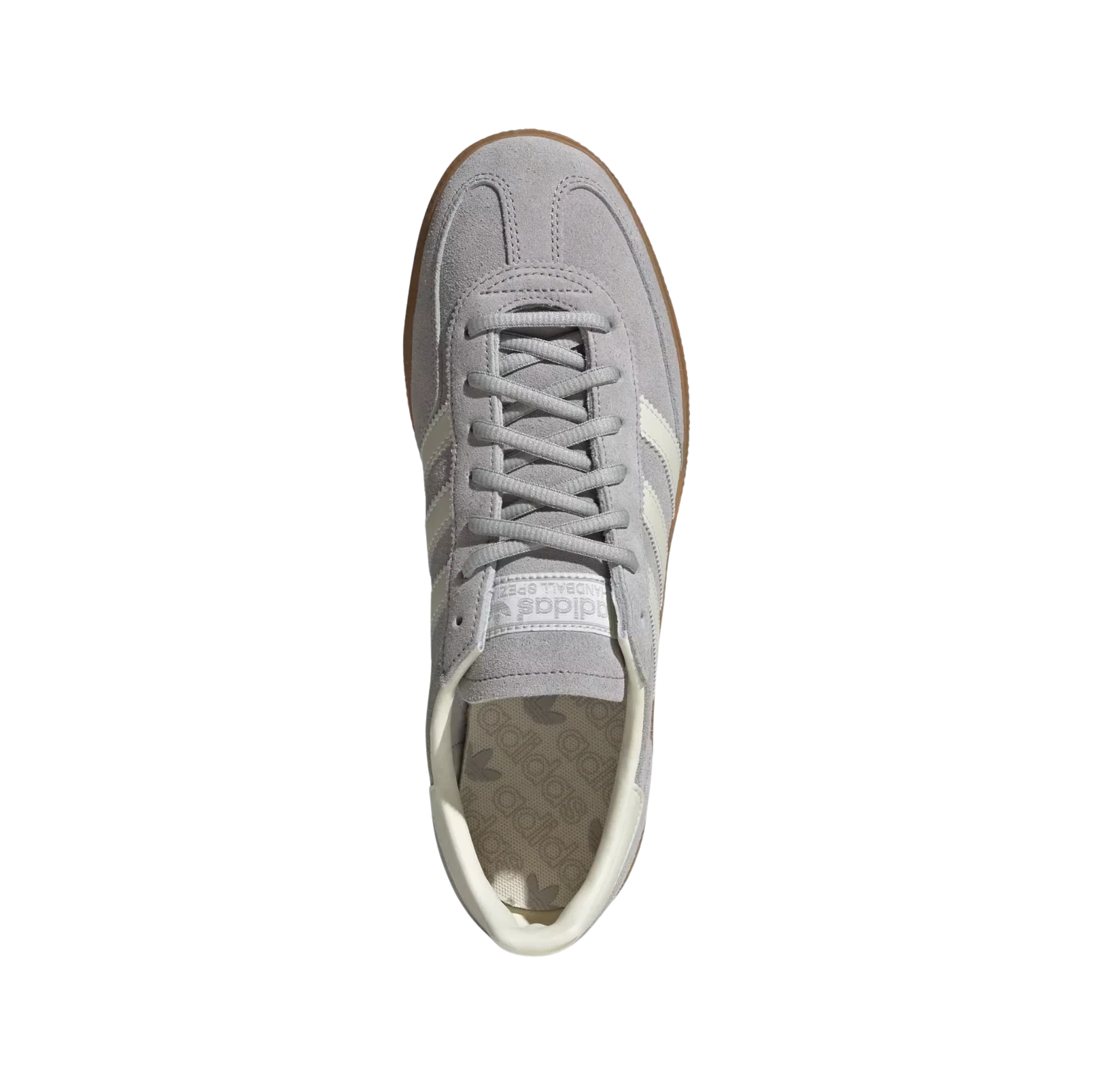 Adidas Spezial Grey Two – vue dessus des baskets rétro en suède avec semelle gomme et bandes blanches