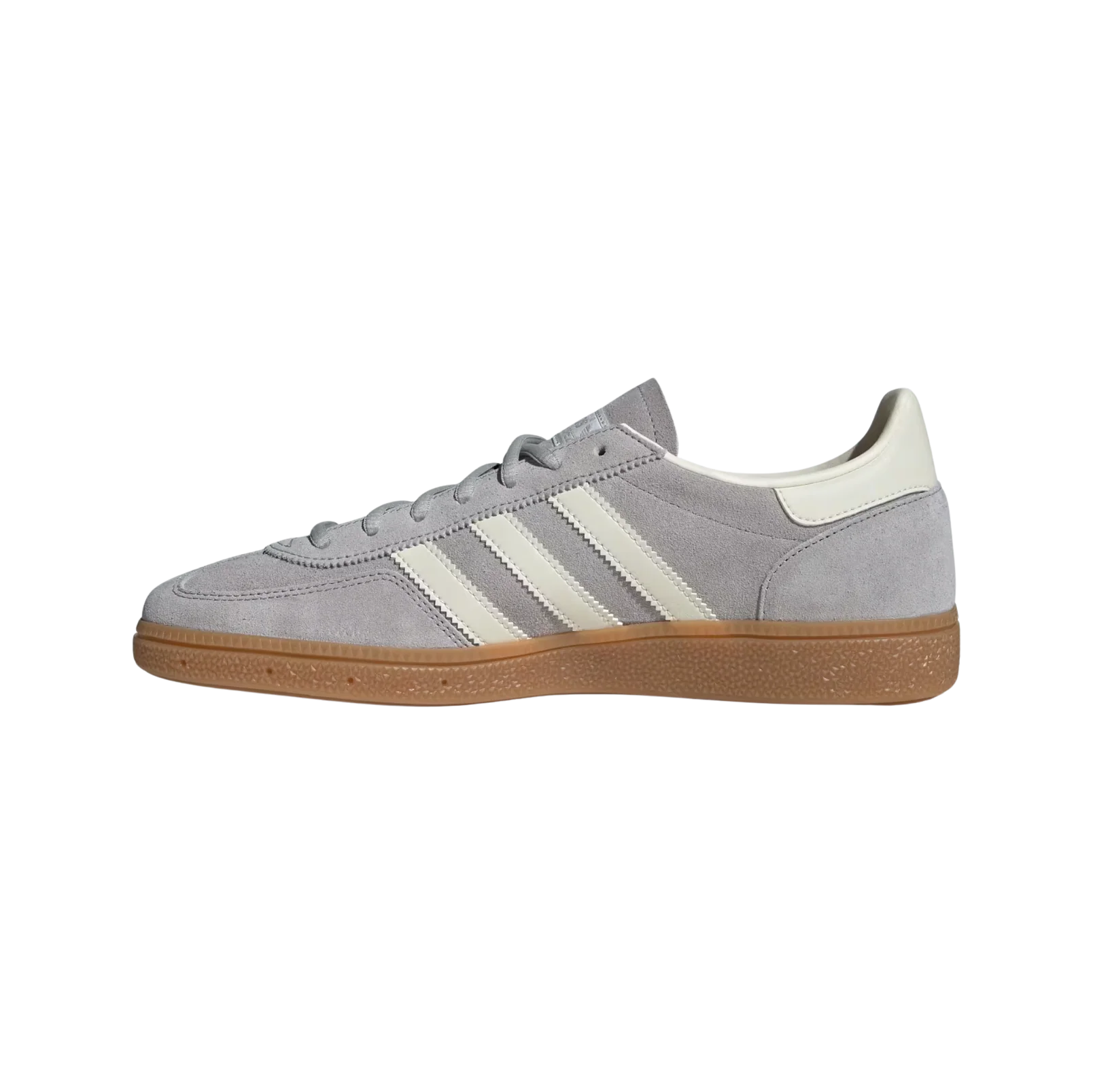 Adidas Spezial Grey Two – vue latérale opposée des baskets rétro en suède avec semelle gomme et bandes blanches