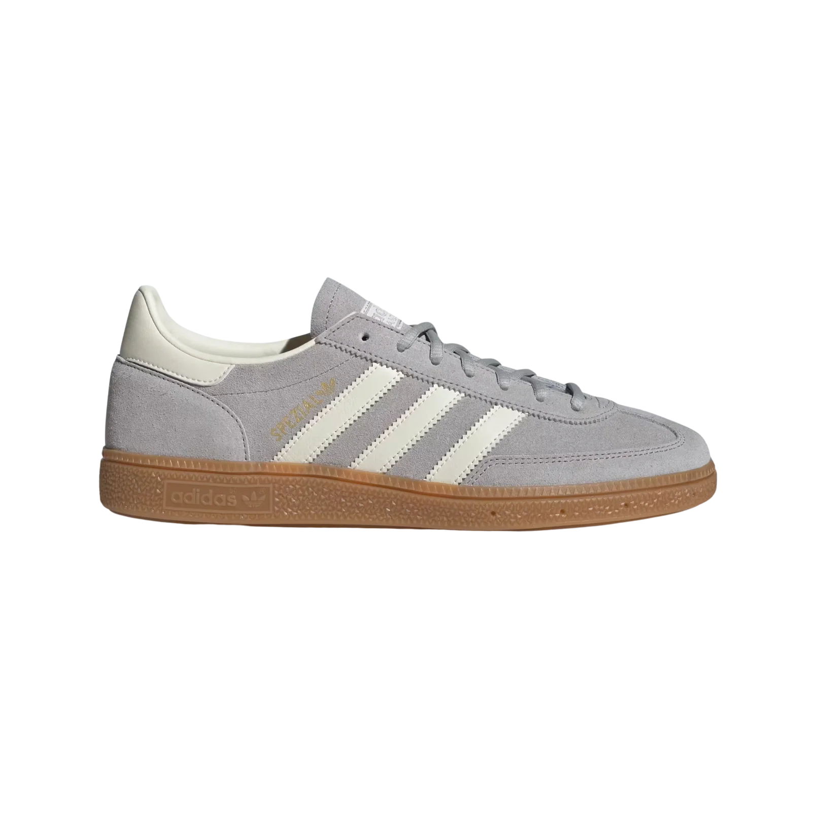 Adidas Spezial Grey Two – vue latérale des baskets rétro en suède avec semelle gomme et bandes blanches