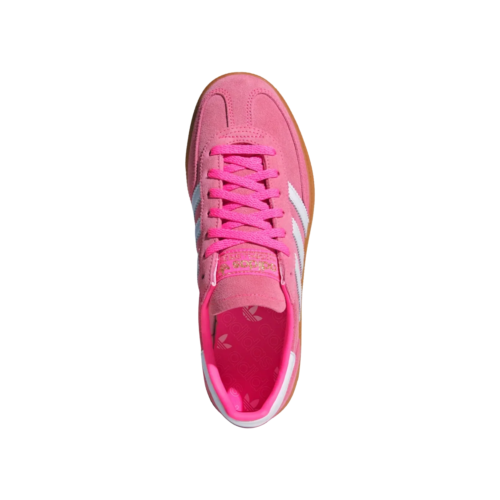 Adidas Spezial Lucid Pink – vue dessus des baskets rétro en suède avec semelle gomme et bandes blanches