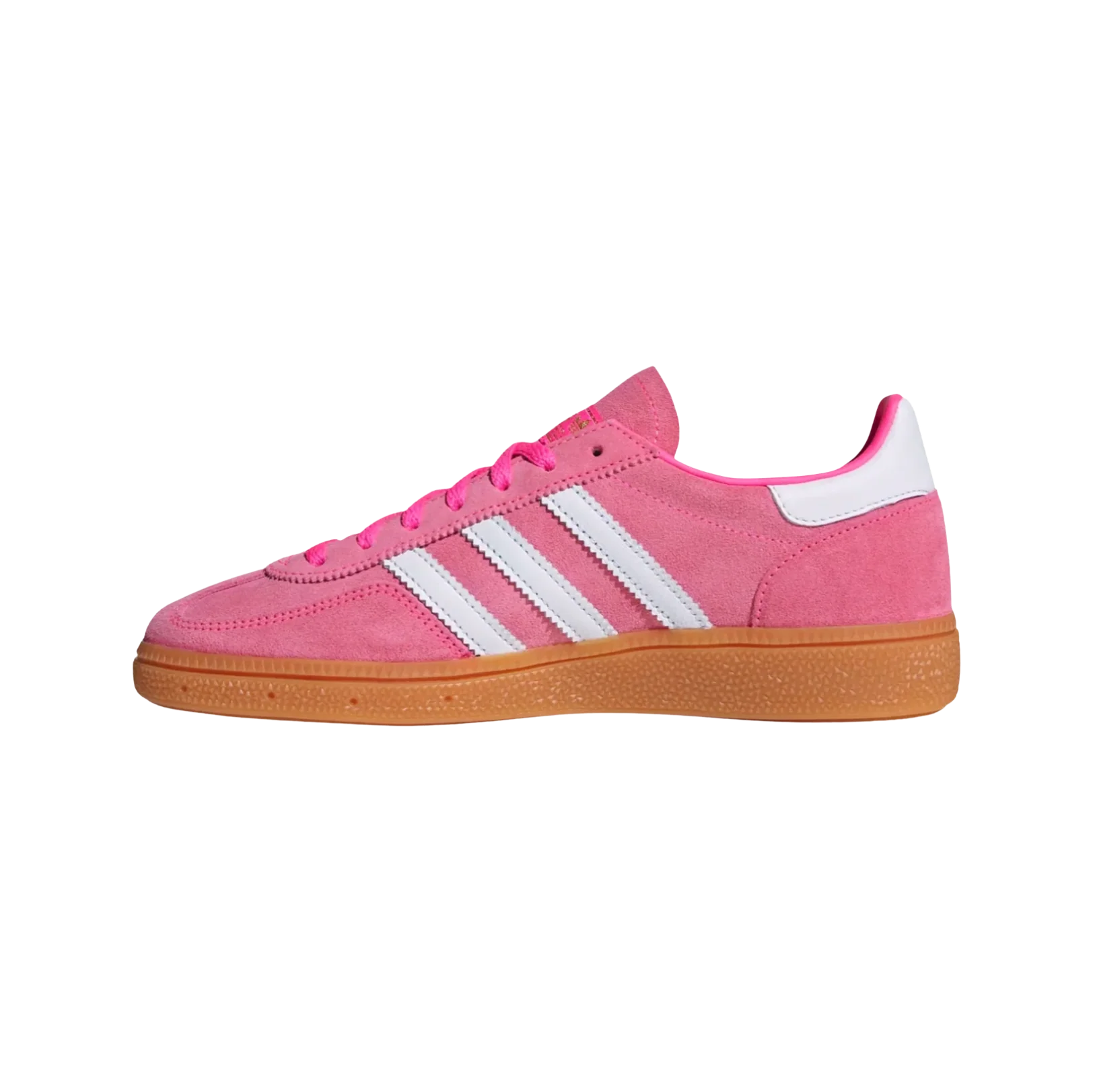 Adidas Spezial Lucid Pink – vue latérale opposée des baskets rétro en suède avec semelle gomme et bandes blanches