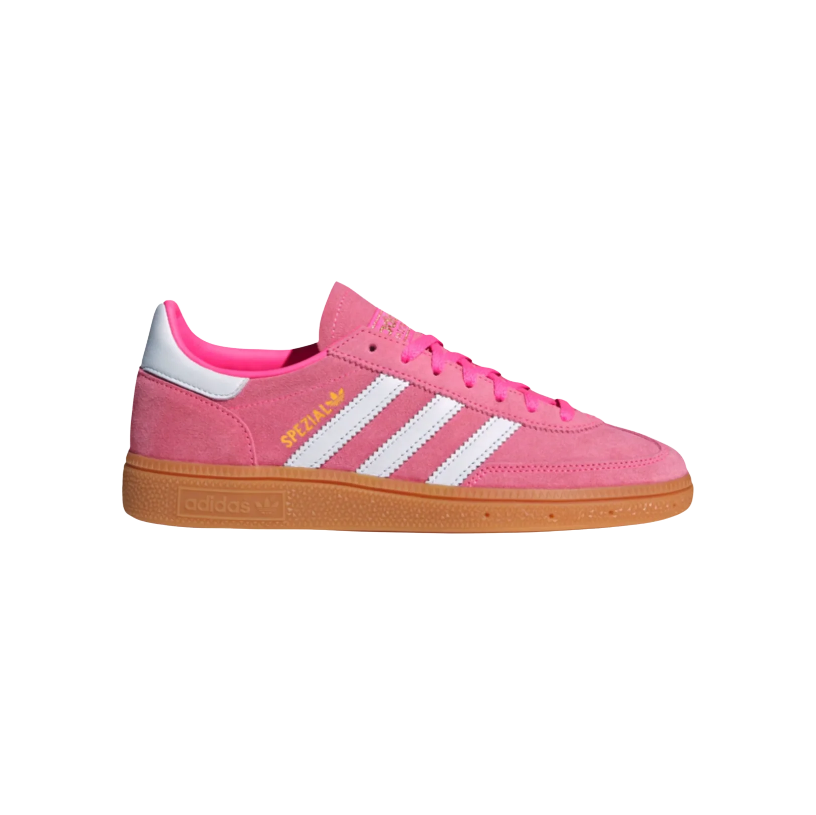 Adidas Spezial Lucid Pink – vue latérale des baskets rétro en suède avec semelle gomme et bandes blanches