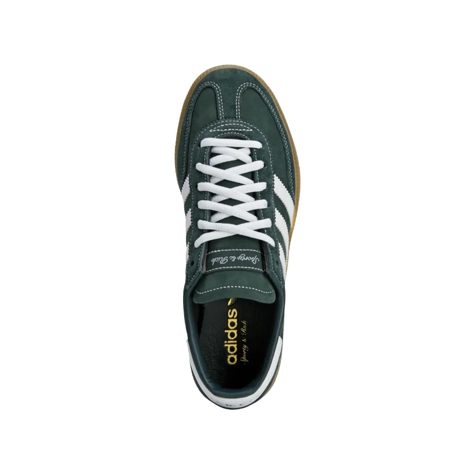 Adidas Sporty and Rich – vue dessus des baskets rétro en cuir vert foncé avec semelle gomme et bandes cloud blanches