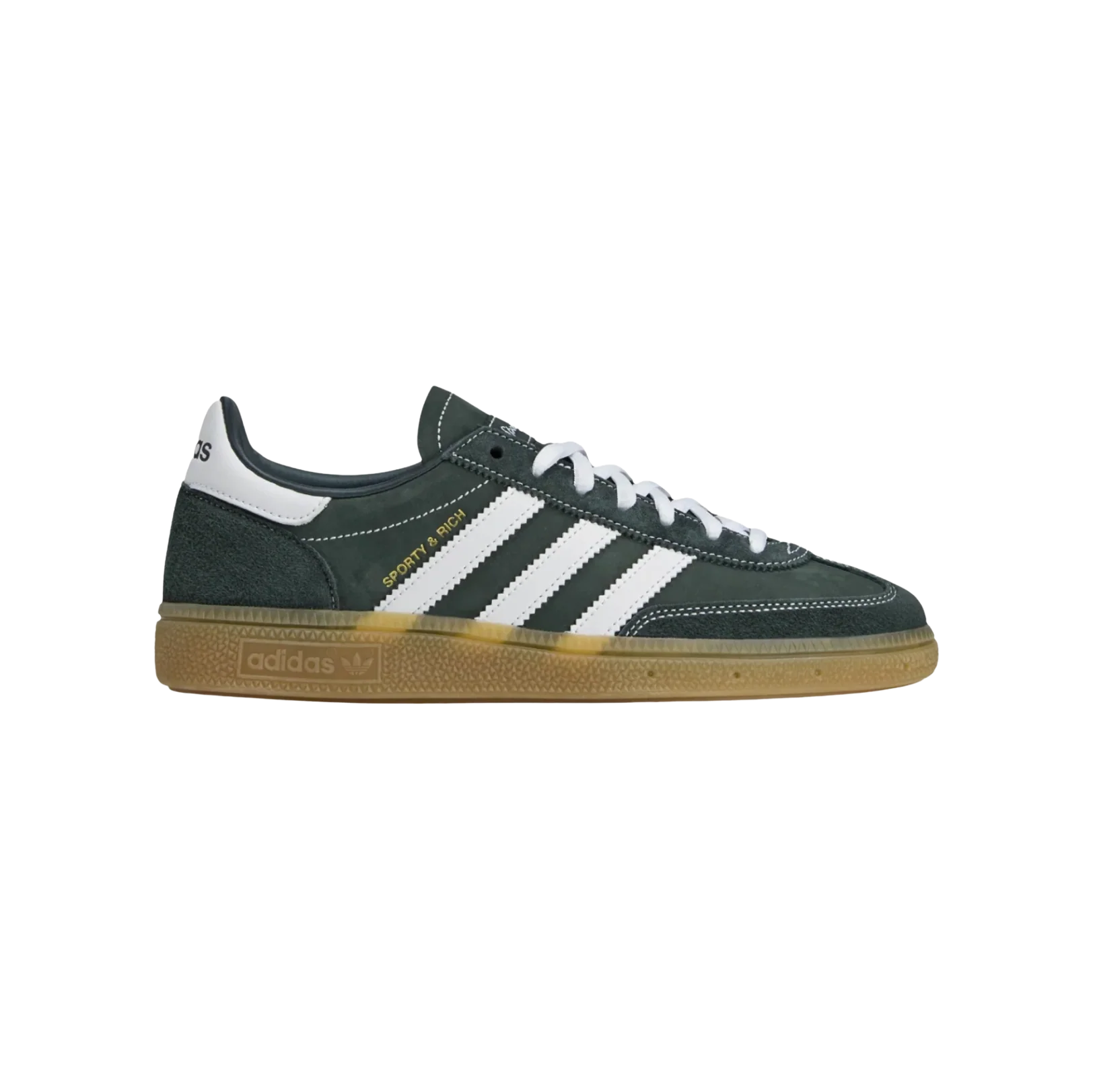 Adidas Sporty and Rich – vue latérale des baskets rétro en cuir vert foncé avec semelle gomme et bandes cloud blanches