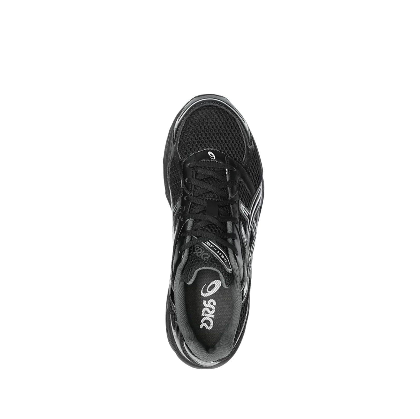 ASICS GEL 1130 Black – vue dessus des baskets rétro-tech avec lacets noirs, languette logo et doublure textile confortable