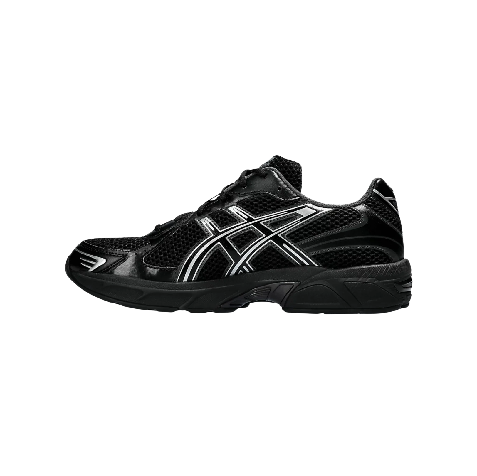 ASICS GEL 1130 Black – vue latérale opposée des baskets rétro-tech en mesh noir et synthétique avec amorti GEL visible