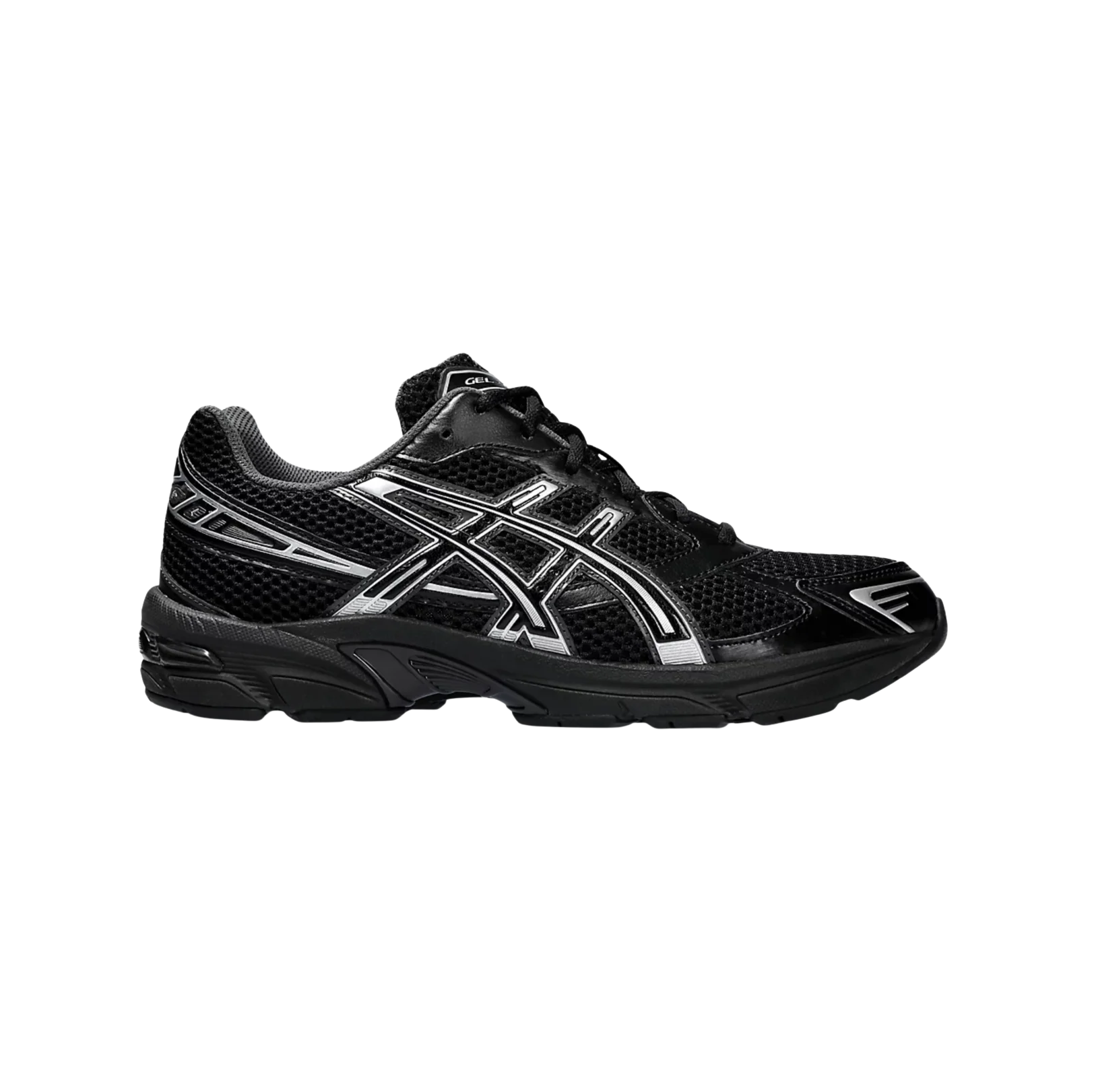 ASICS GEL 1130 Black – vue latérale des baskets rétro-tech unisexe avec tige noire respirante, empiècements synthétiques et semelle gomme.