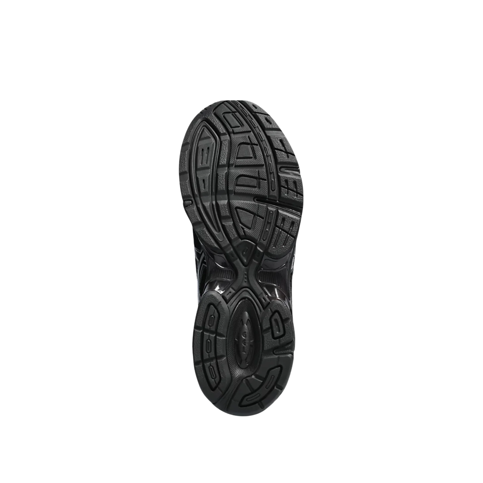 ASICS GEL 1130 Black – vue semelle des baskets rétro-tech avec semelle extérieure en gomme noire à grip antidérapant.