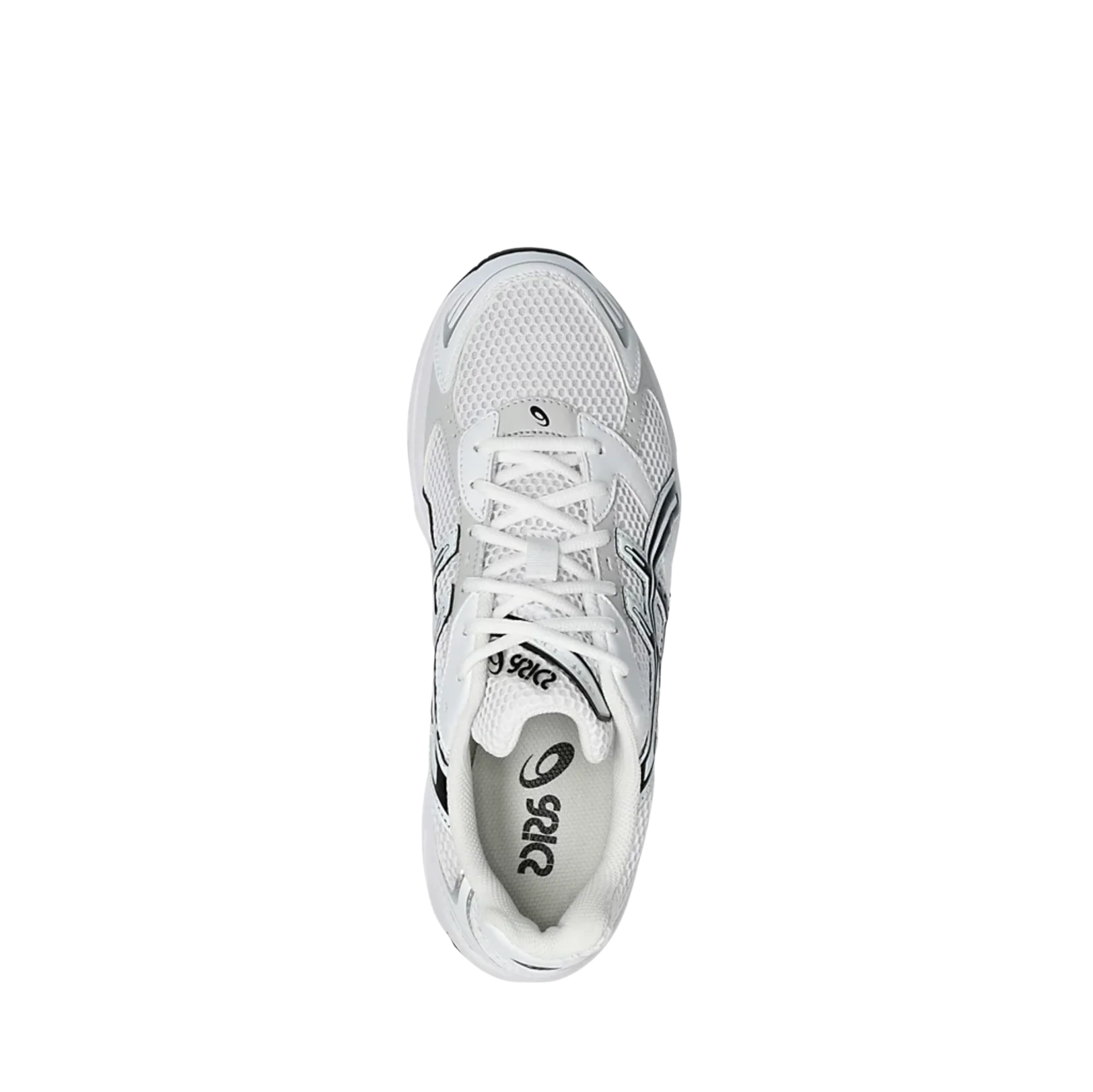 ASICS GEL 1130 White & Black – vue dessus des baskets rétro-tech avec tige respirante, lacets blancs et doublure textile