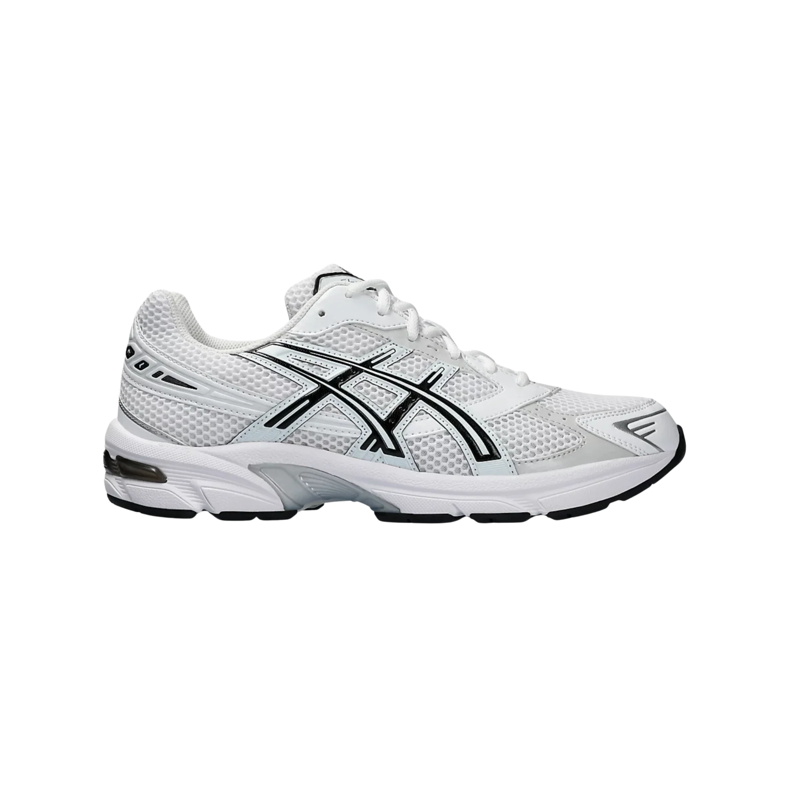 ASICS GEL 1130 White & Black – vue latérale des baskets rétro-tech en textile blanc avec empiècements noirs et semelle gomme amortissante