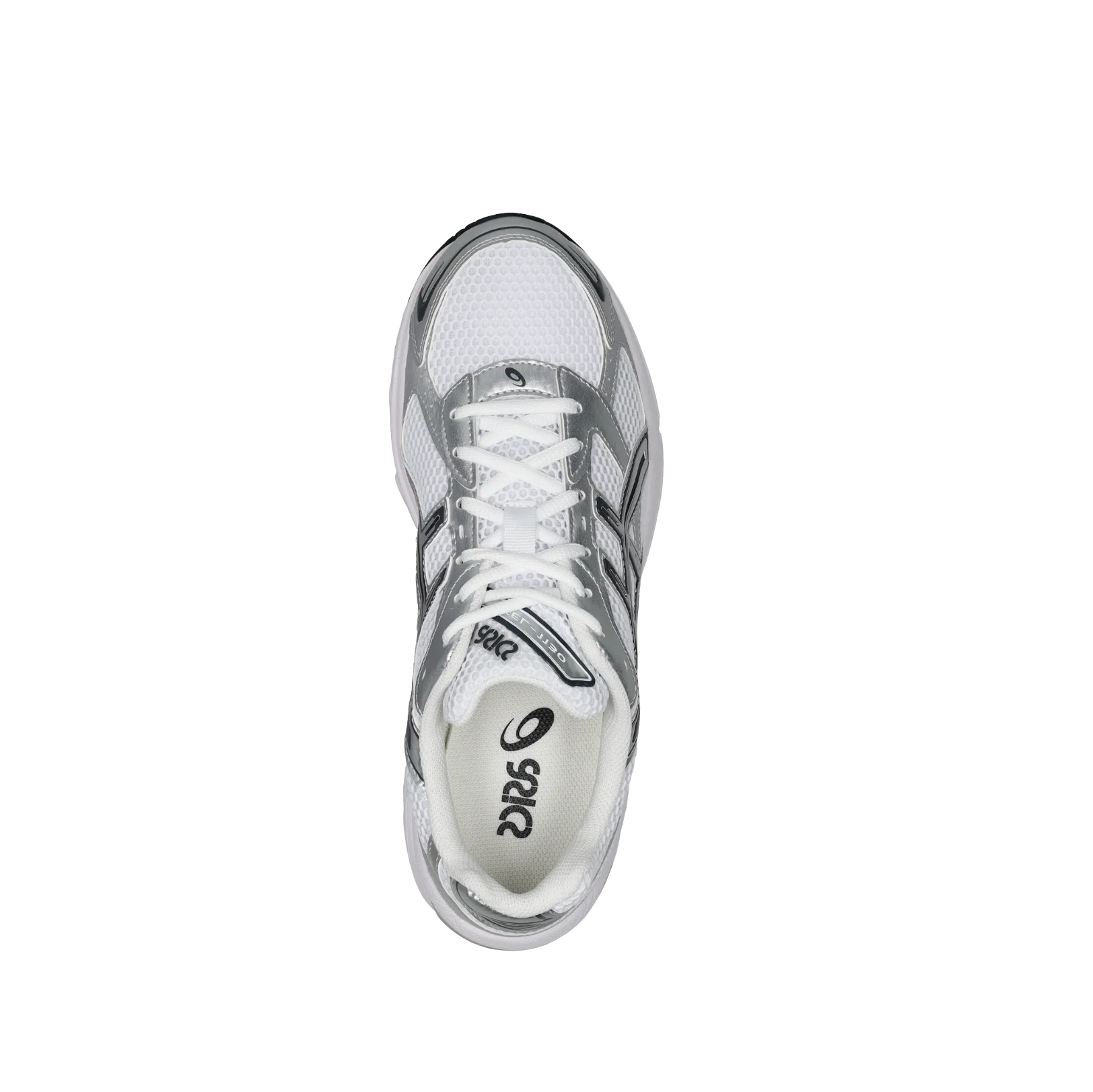  ASICS GEL 1130 White Pure Silver – vue du dessus avec tige en mesh respirant blanc, lacets blancs et logo ASICS visible sur la languette