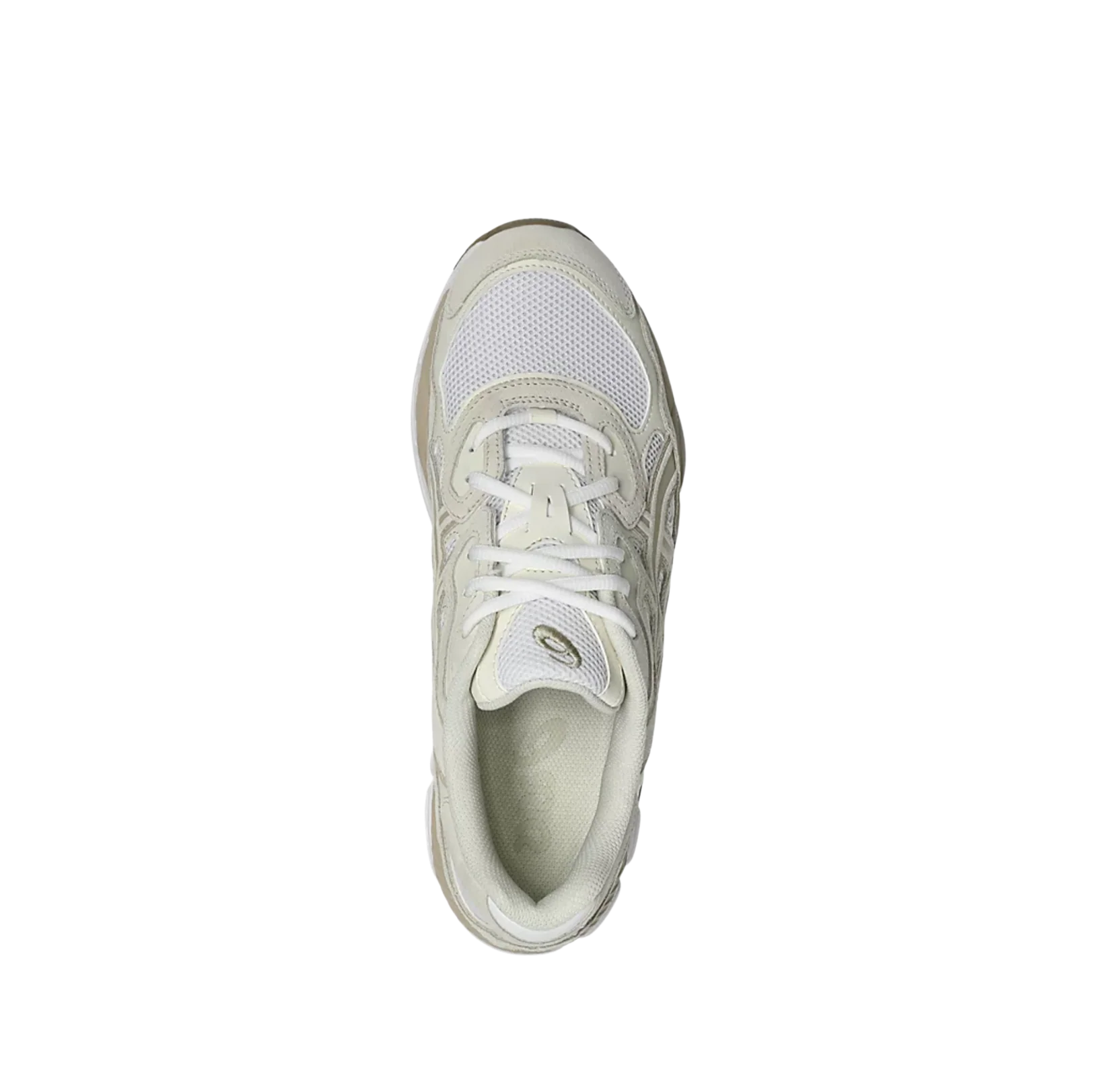 Asics GEL NYC Feather Grey – vue du dessus des baskets rétro-tech avec tige en cuir et textile, lacets blancs et intérieur respirant