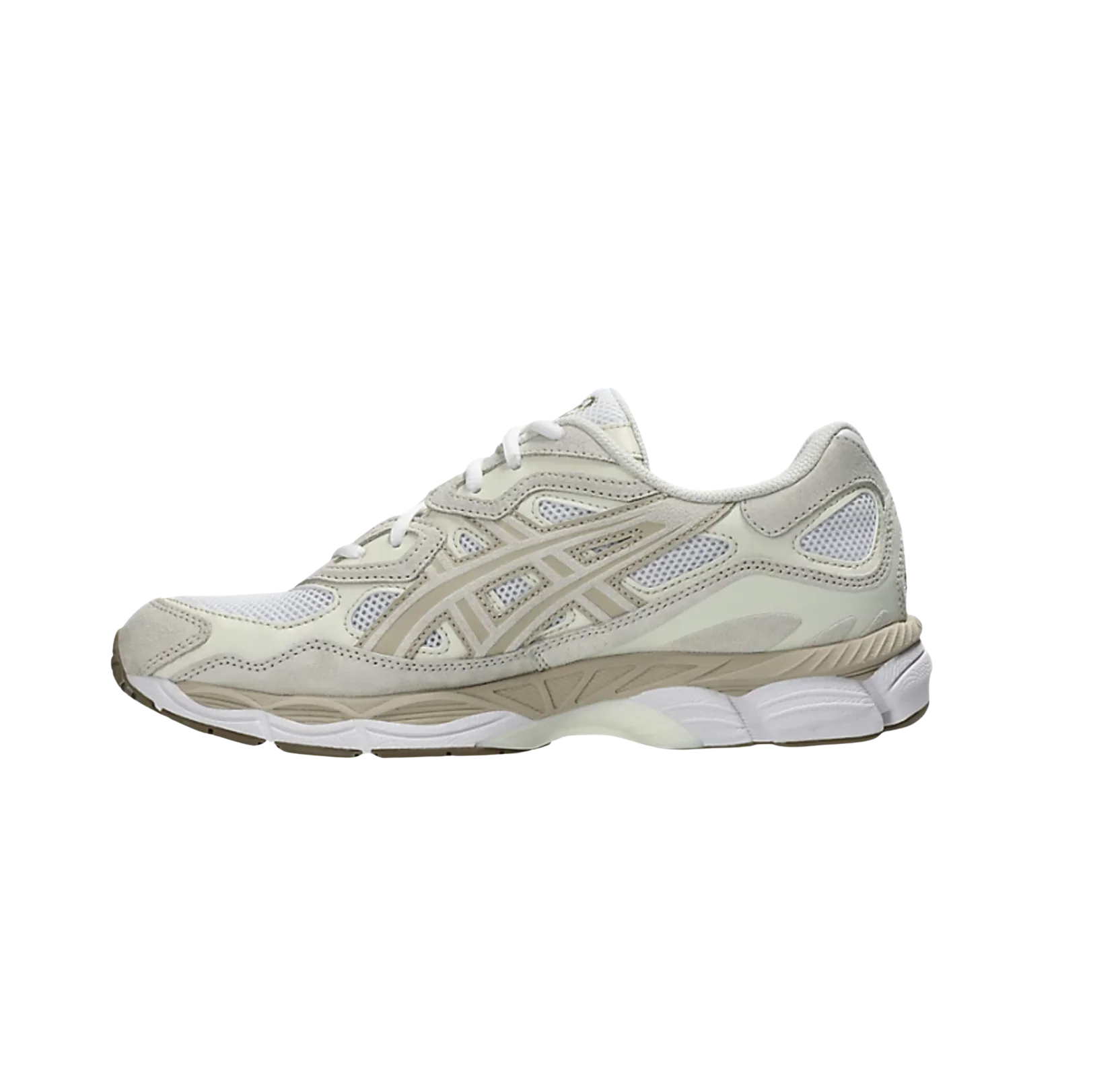 Asics GEL NYC Feather Grey – vue latérale opposée des baskets rétro-tech avec tige en cuir et textile et détails crème
