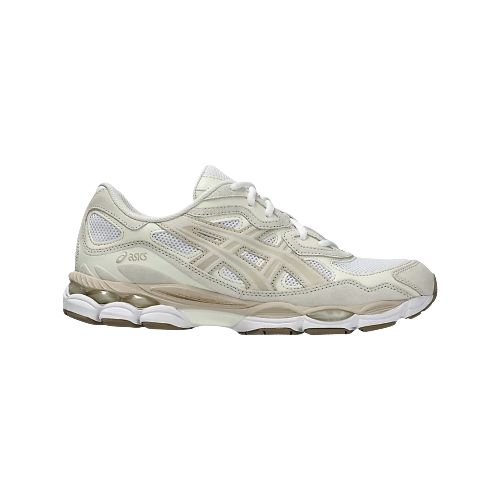 Asics GEL NYC Feather Grey – vue latérale  des baskets rétro-tech avec tige en cuir et textile et détails crème