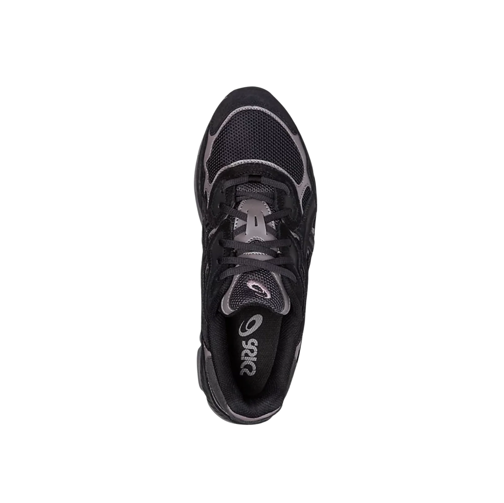 ASICS GEL NYC Graphite Grey Black – vue dessus des baskets rétro-tech avec tige cuir, mesh, lacets noirs et silhouette dynamique