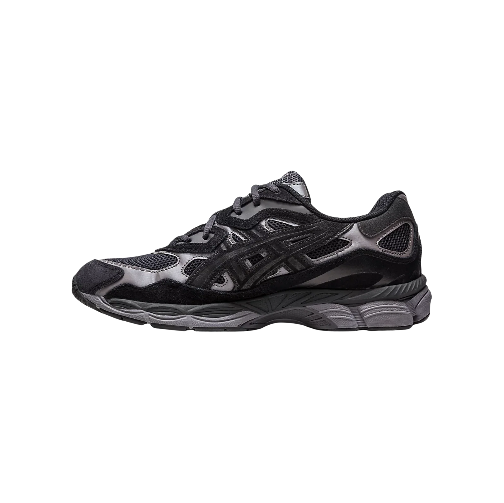 ASICS GEL-NYC Graphite Grey Black – vue latérale opposée des baskets rétro-performance avec empiècements graphiques et semelle gomme