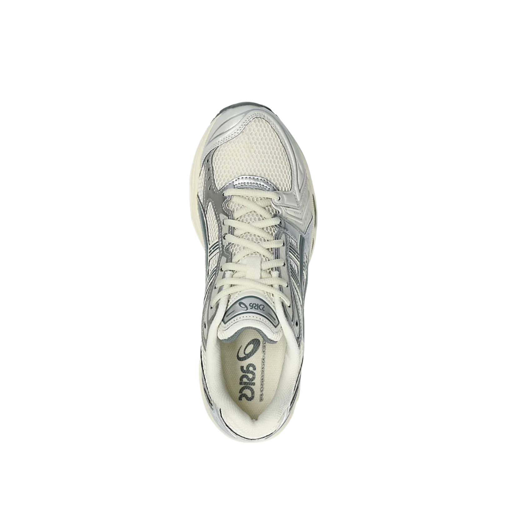 ASICS Kayano 14 Birch Dark Pewter – vue dessus des baskets rétro-tech en mesh respirant avec lacets crème et silhouette dynamique