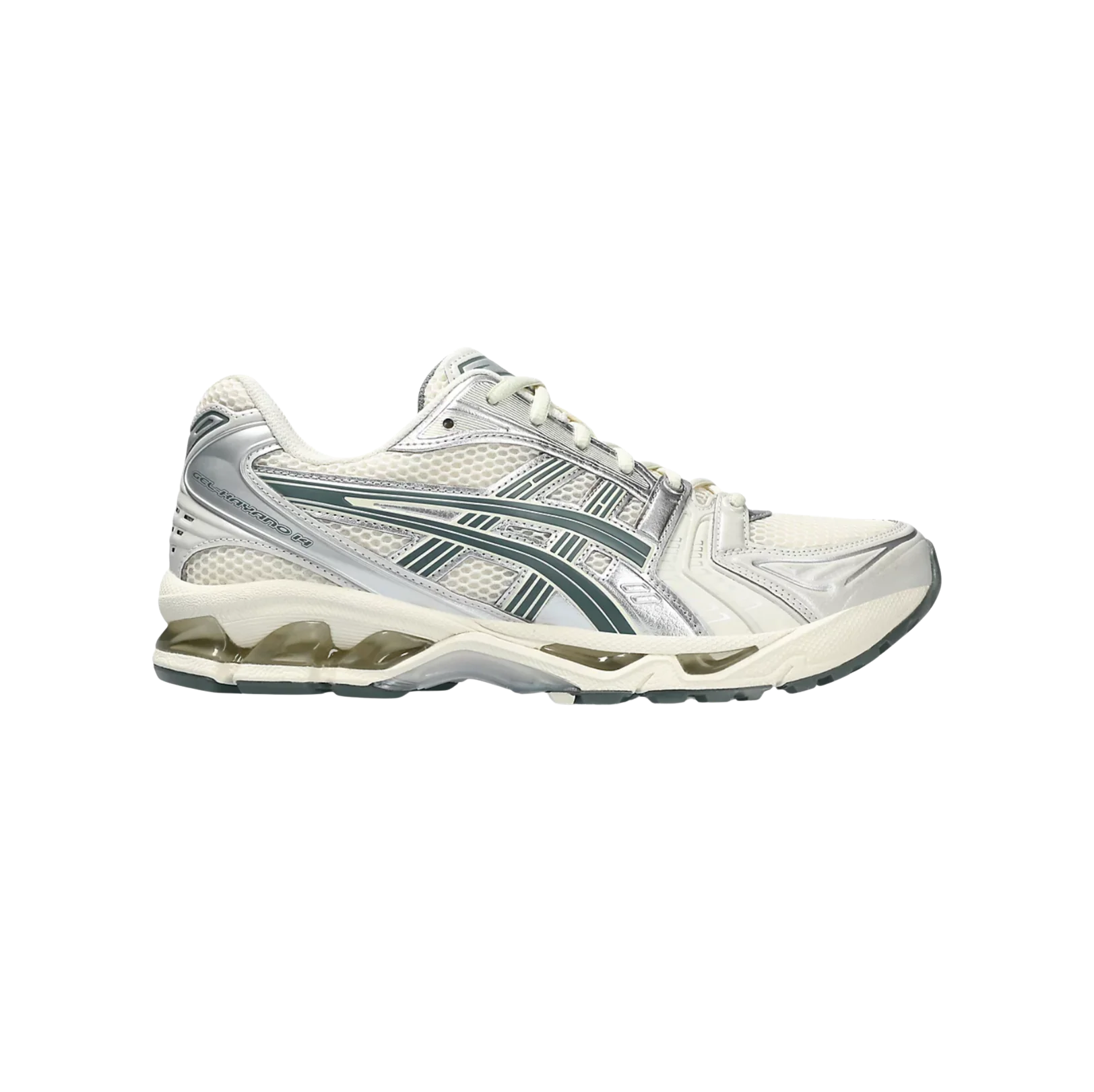 ASICS Kayano 14 Birch Dark Pewter – vue latérale des baskets rétro-tech en mesh respirant avec empiècements en polyuréthane et semelle gomme