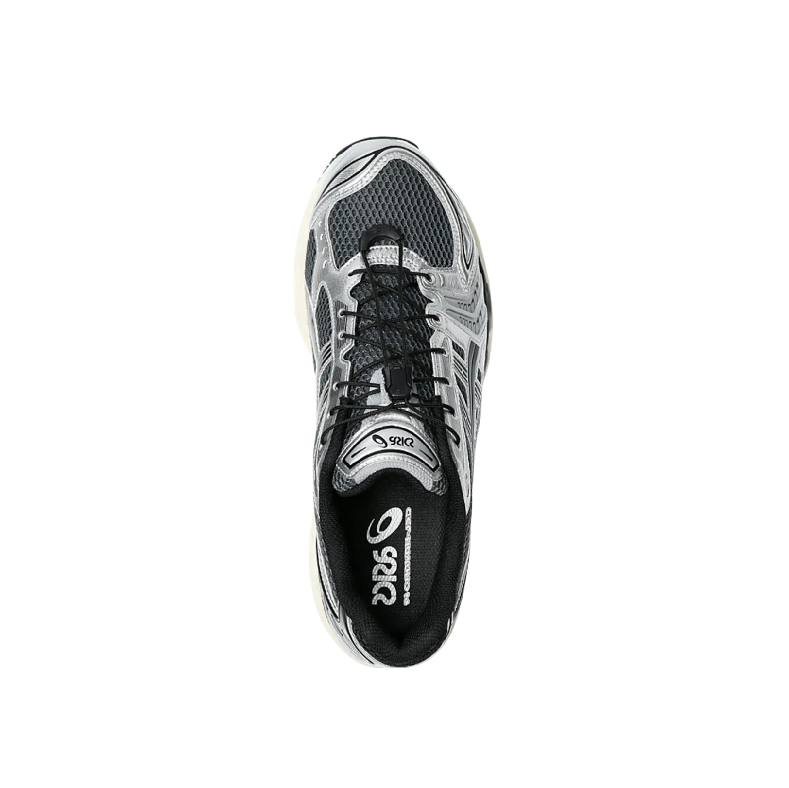 ASICS Kayano 14 Carrier Grey Black – vue dessus des baskets rétro-tech en textile respirant avec lacets noirs et silhouette technique