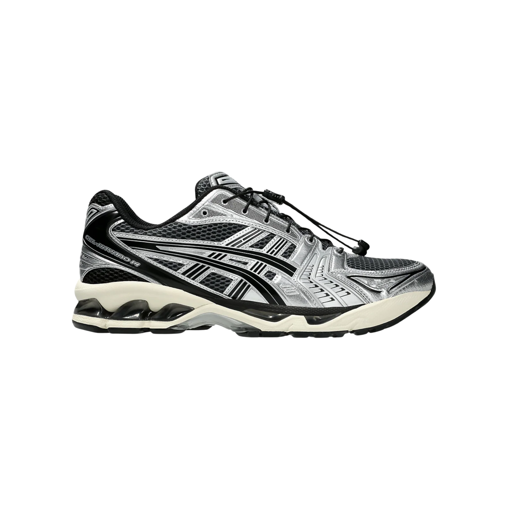 ASICS Kayano 14 Carrier Grey Black – vue latérale des baskets rétro-tech en textile respirant avec amorti GEL et semelle gomme