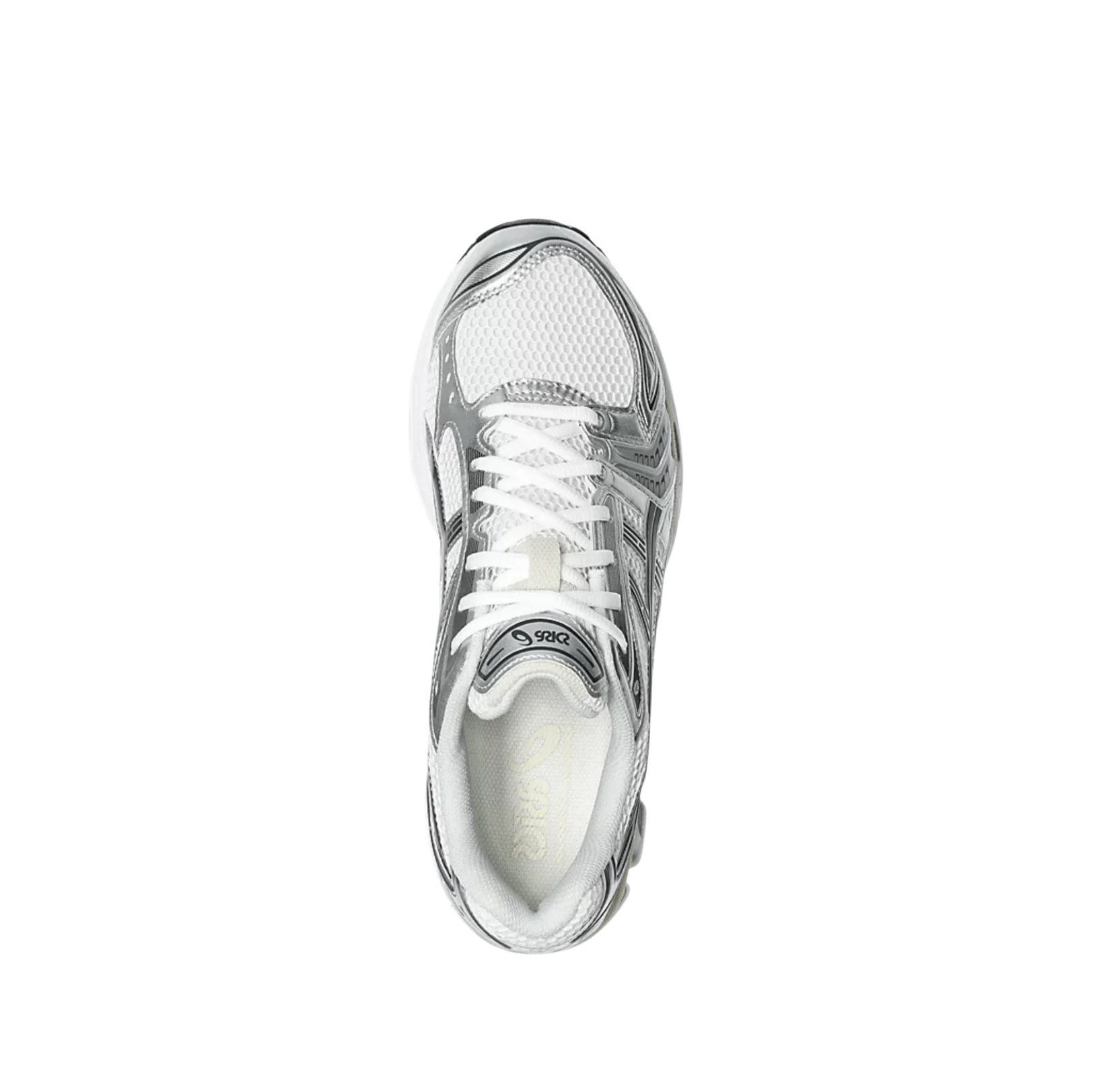 ASICS Kayano 14 Graphite Grey White – vue du dessus des baskets rétro-tech avec tige en mesh blanc, lacets blancs et doublure textile