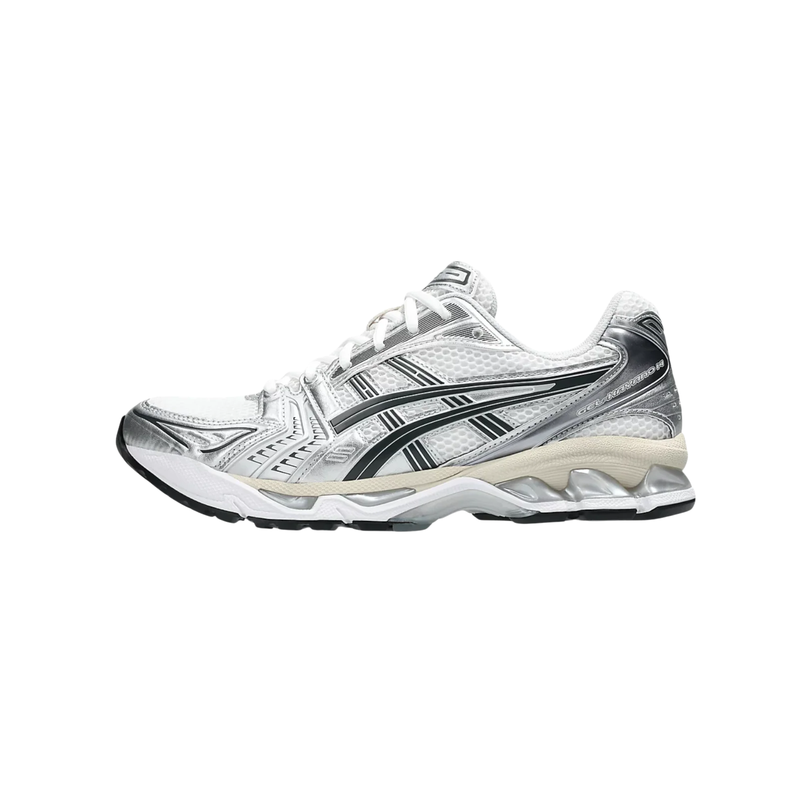 ASICS Kayano 14 Graphite Grey White – vue latérale opposée des baskets rétro-tech en mesh et détails graphiques gris foncé