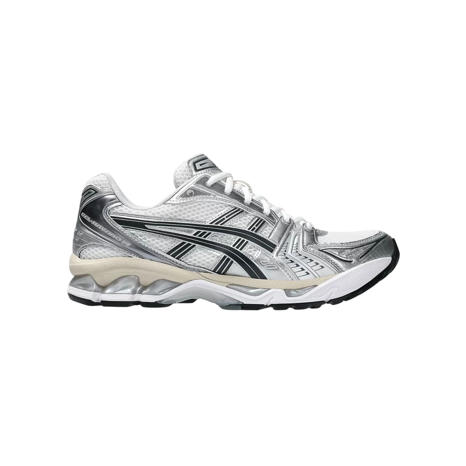 ASICS Kayano 14 Graphite Grey White – vue latérale des baskets rétro-tech en mesh respirant avec amorti GEL™ et semelle extérieure en gomme