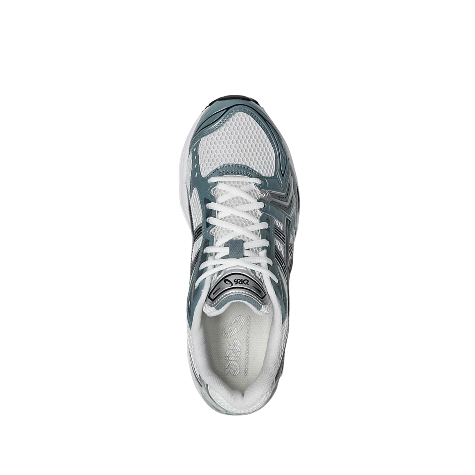 ASICS Kayano 14 White Fjord Grey – vue dessus des baskets rétro-tech en mesh respirant avec lacets blancs et silhouette dynamique