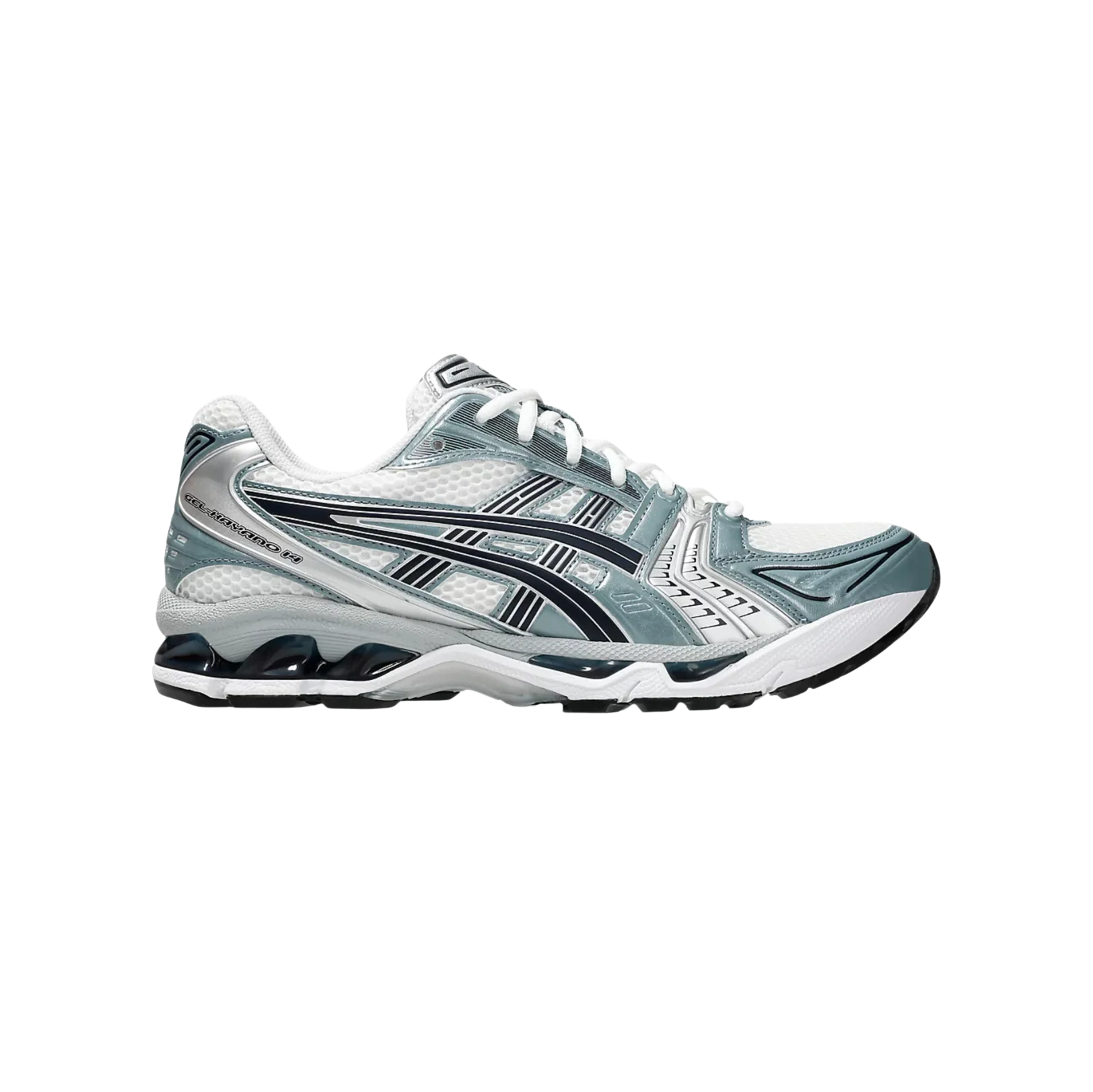 ASICS Kayano 14 White Fjord Grey – vue latérale des baskets rétro-tech en mesh respirant avec amorti GEL et semelle gomme