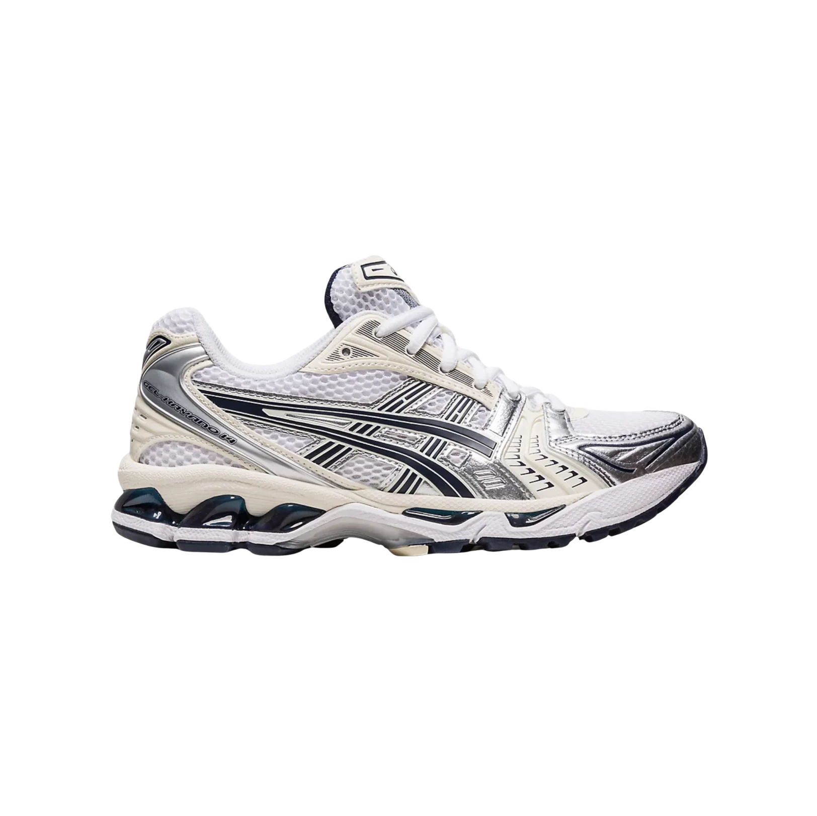 ASICS Kayano 14 White Midnight – vue latérale des baskets rétro-tech en mesh blanc avec amorti GEL et semelle en gomme