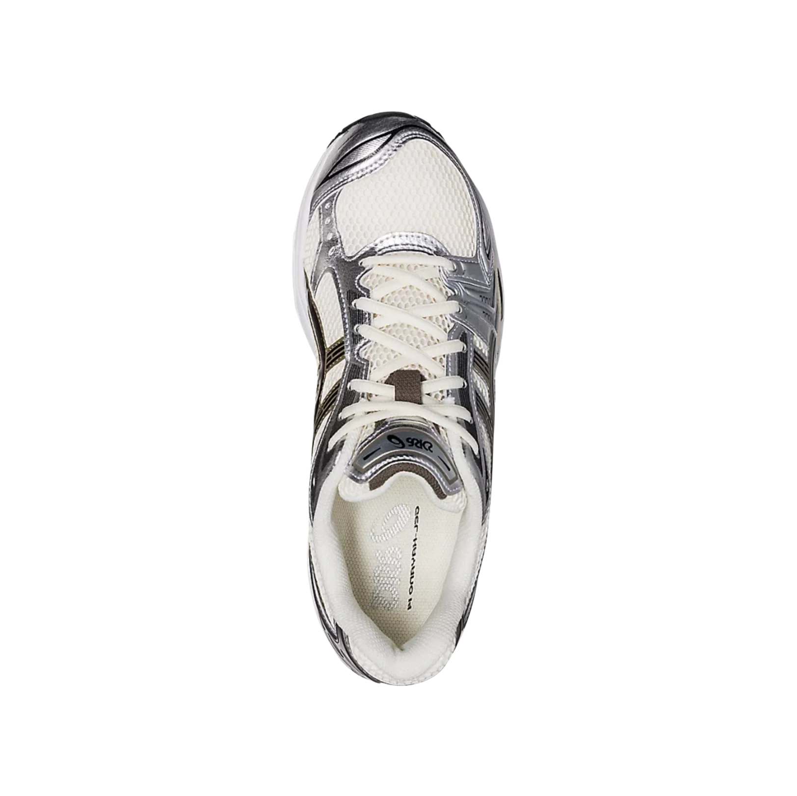 ASICS Kayano 14 White Midnight – vue du dessus des baskets rétro-tech en mesh respirant blanc et détails Midnight