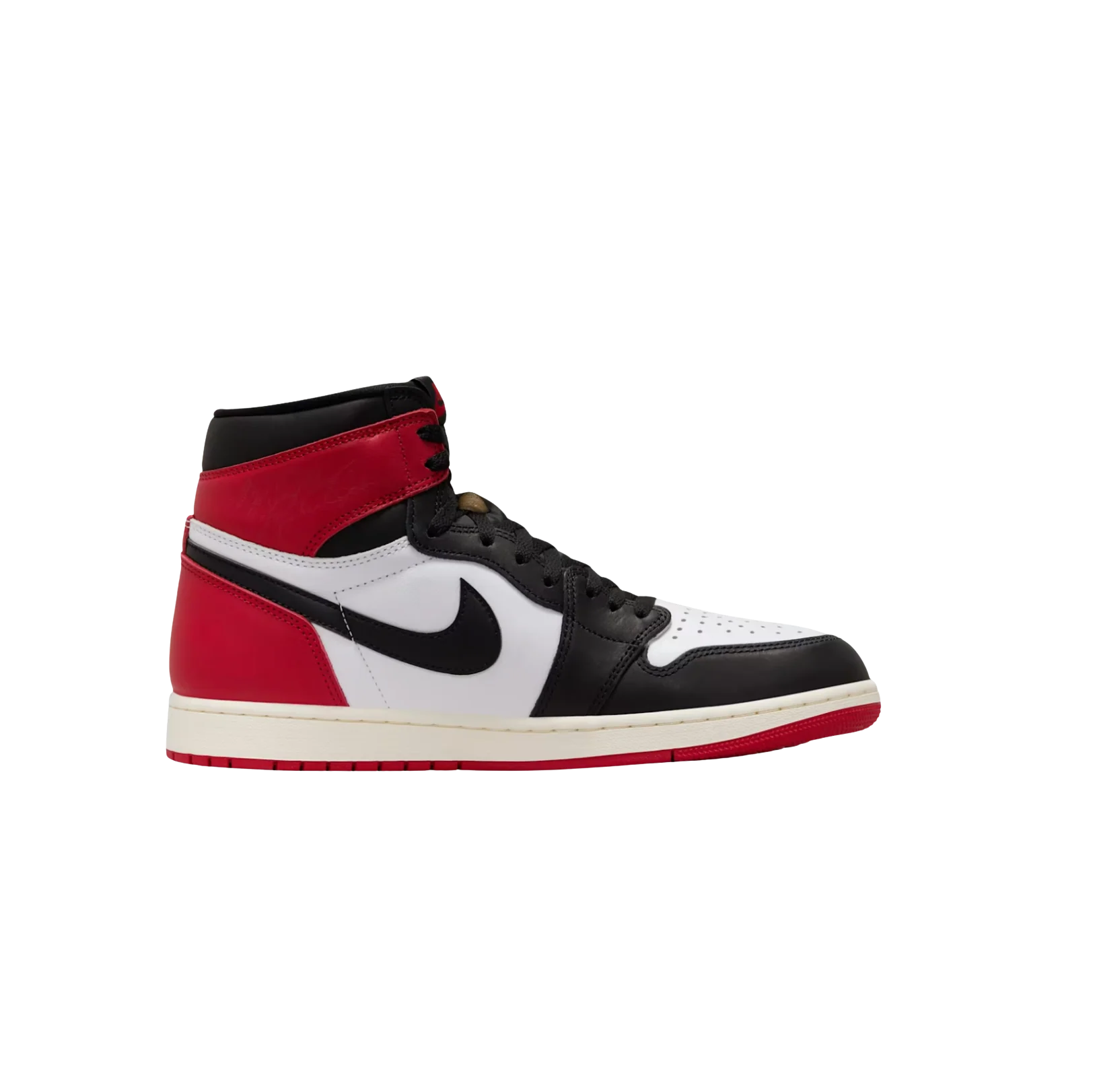 Jordan 1 Black Toe Reimagined – vue latérale des baskets rétro en cuir blanc, noir et rouge avec semelle gomme et Swoosh noir
