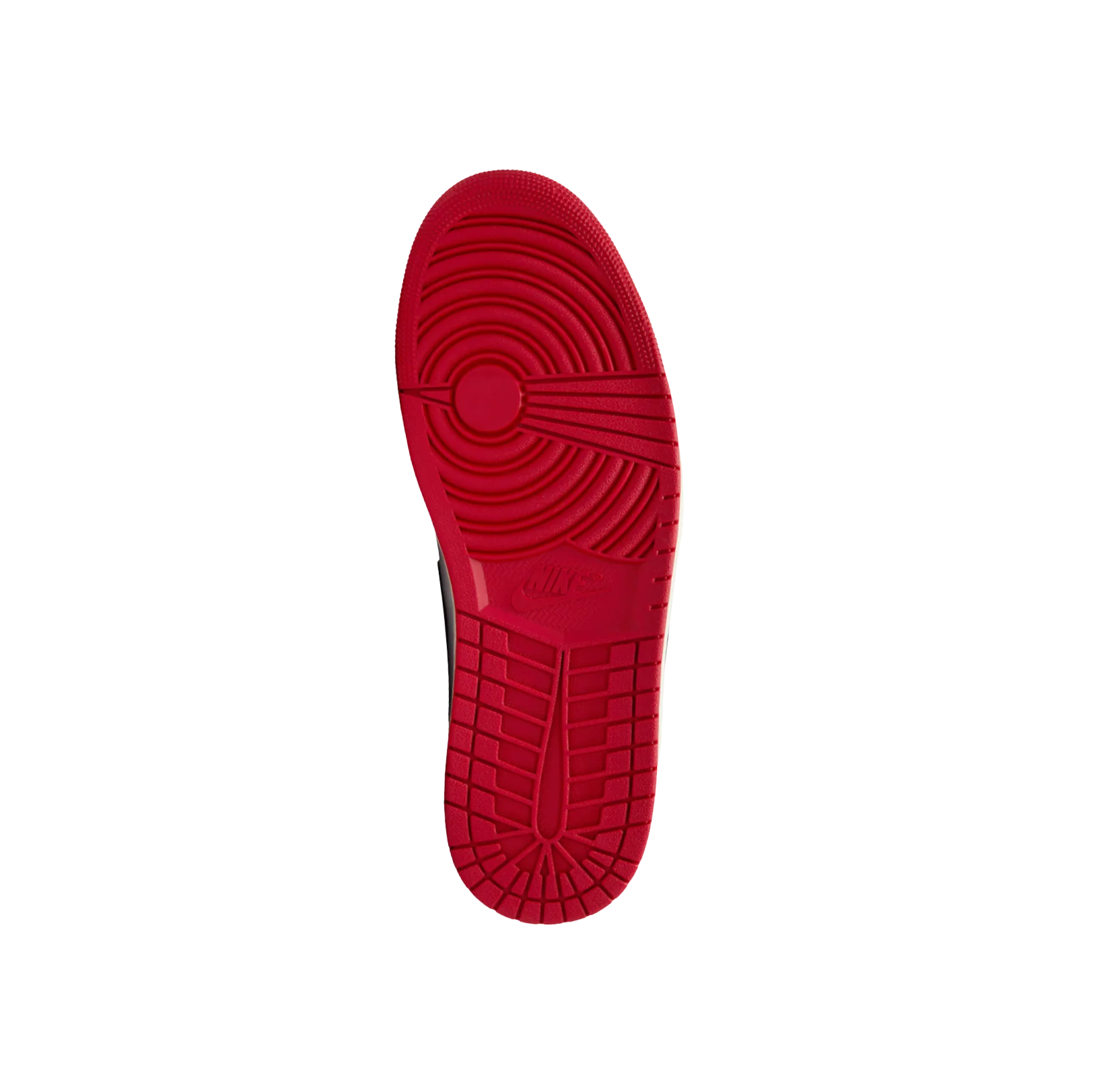 Jordan 1 Black Toe Reimagined – vue semelle des baskets Air Jordan avec semelle extérieure rouge antidérapante en gomme