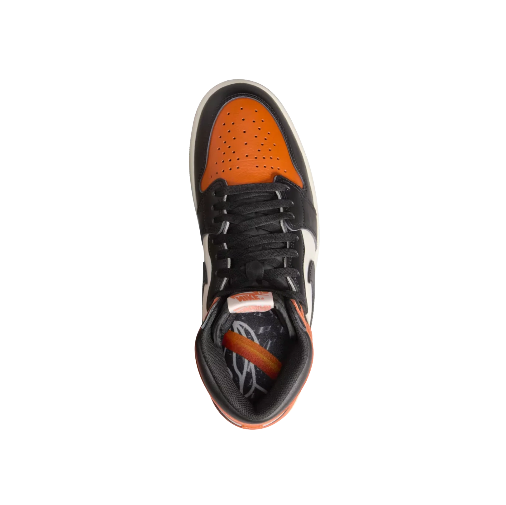 Jordan 1 High OG Shattered Backboard – vue dessus des baskets rétro avec lacets noirs et toe box perforée orange
