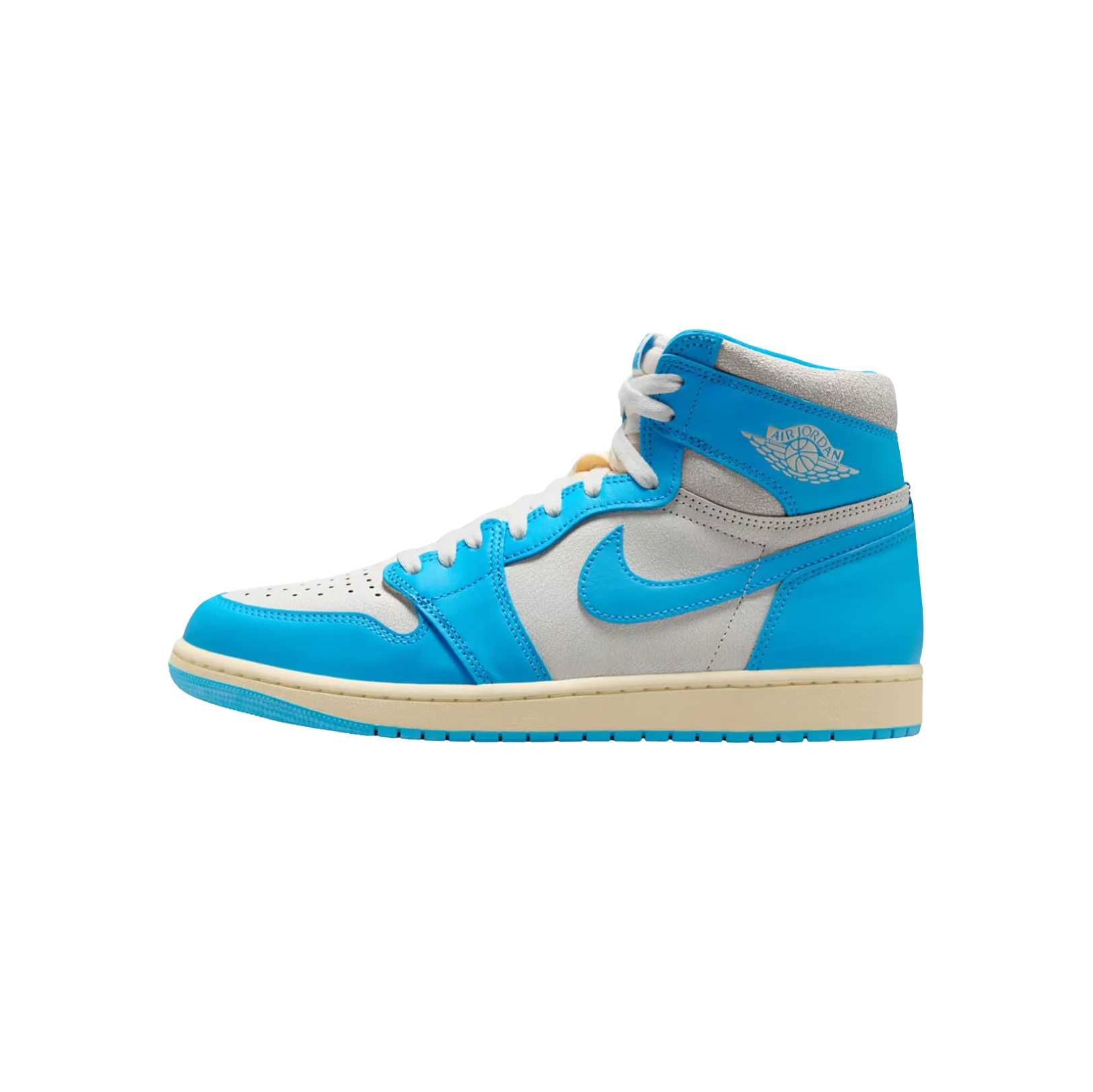 Jordan 1 High OG UNC Reimagined – vue laterale opposée des baskets rétro en cuir premium avec détails Dark Powder Blue et Sail