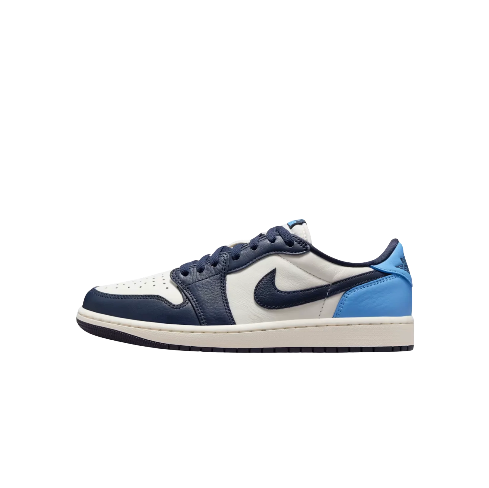 Jordan 1 Low OG Obsidian – vue latérale opposée des baskets en cuir avec col rembourré, coloris bleu obsidian et talon University Blue