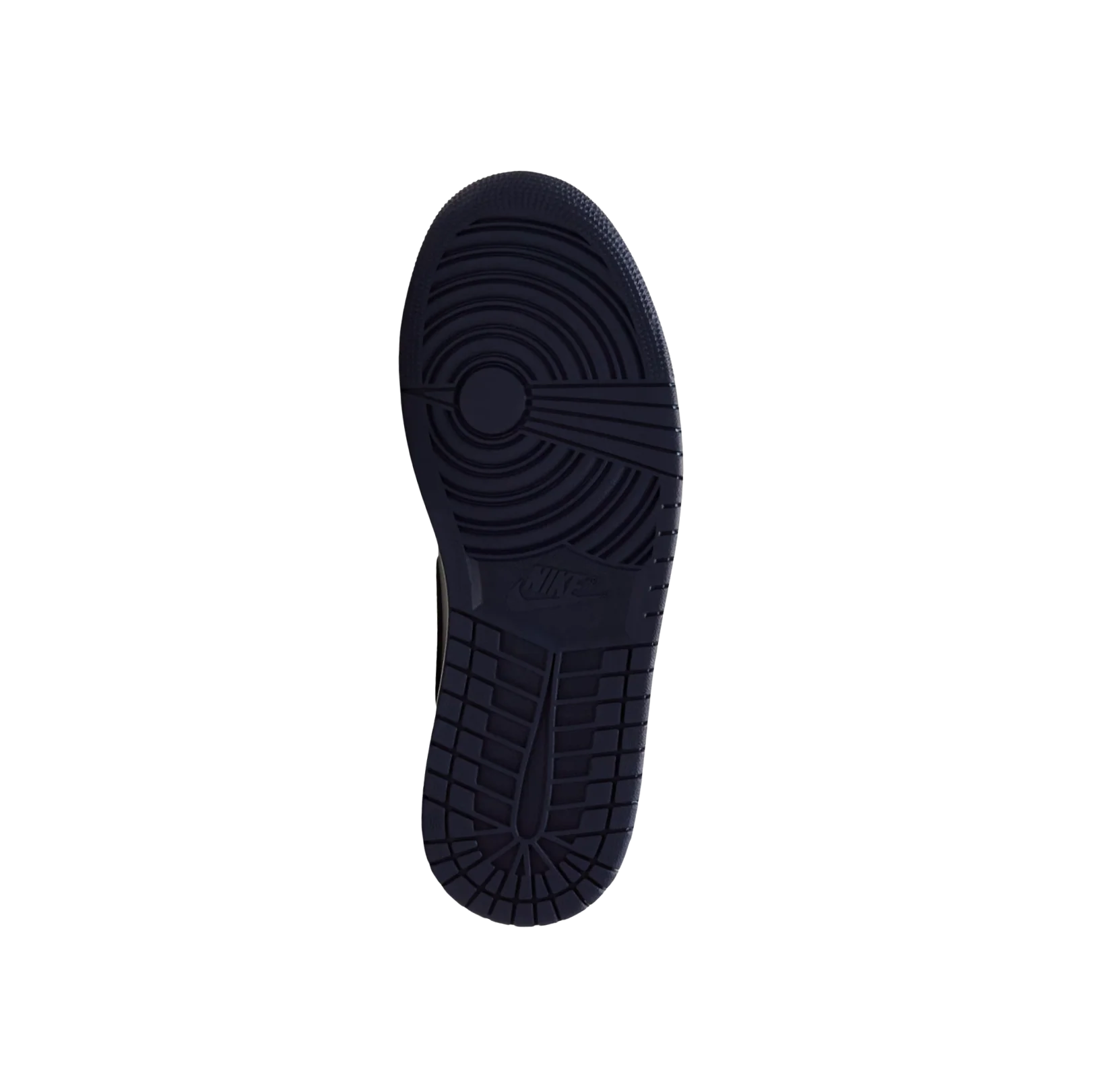 Jordan 1 Low OG Obsidian – vue semelle des baskets rétro avec semelle extérieure noire texturée pour une adhérence optimale.