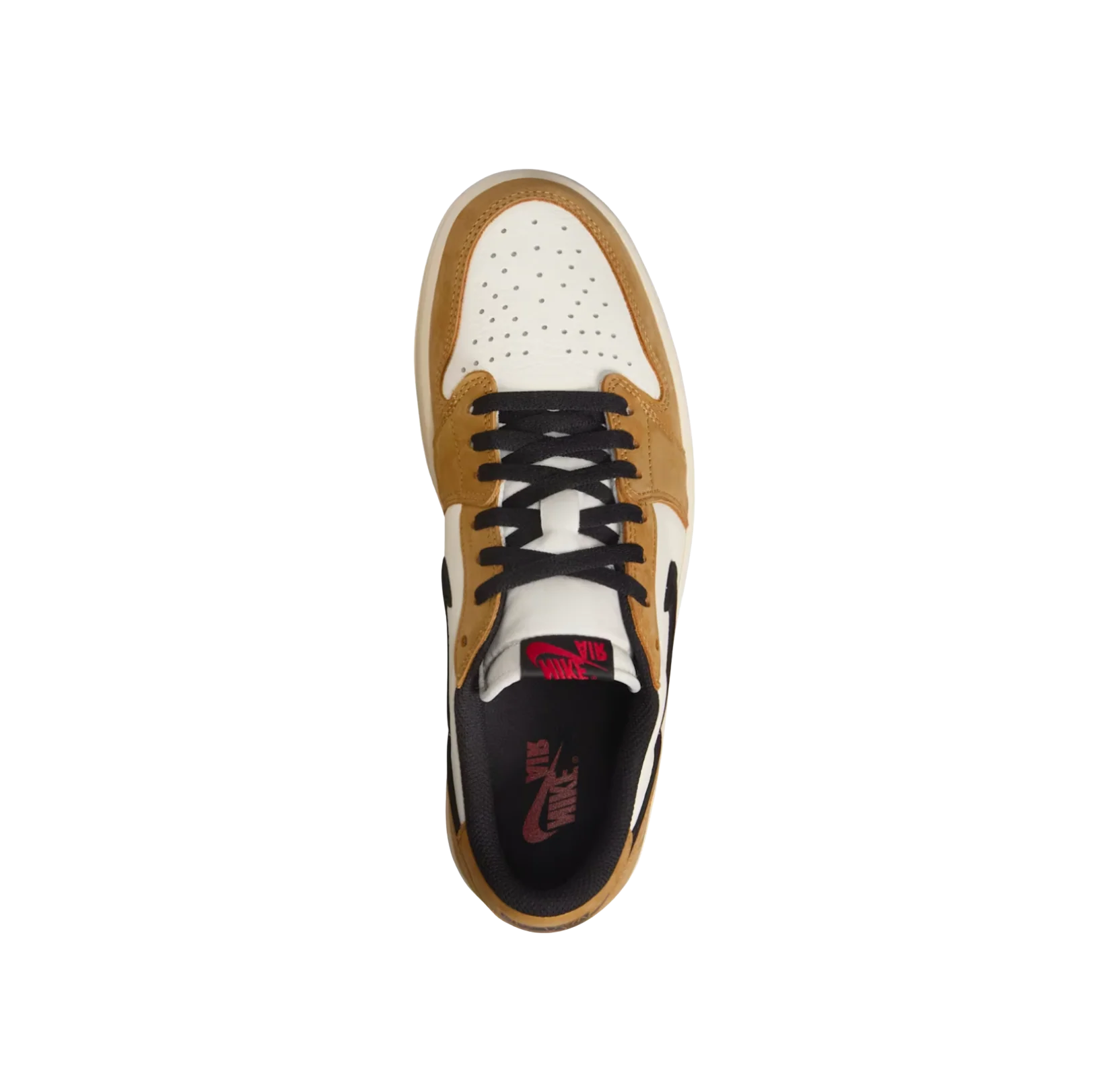 Jordan 1 Low Rookie Of The Year – vue dessus avec toebox perforée, lacets noirs et doublure Nike Air