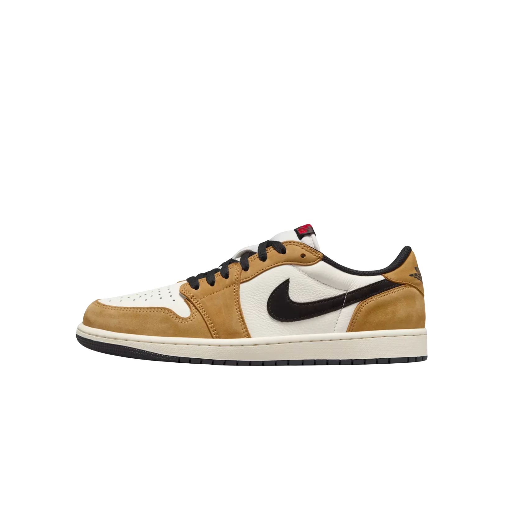 Jordan 1 Low Rookie Of The Year – vue latérale opposée  en cuir texturé et nubuck doré avec Swoosh noir