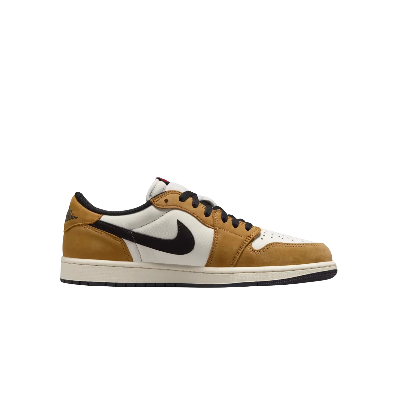 Jordan 1 Low Rookie Of The Year – vue latérale des baskets en cuir premium Golden Harvest et Swoosh noir