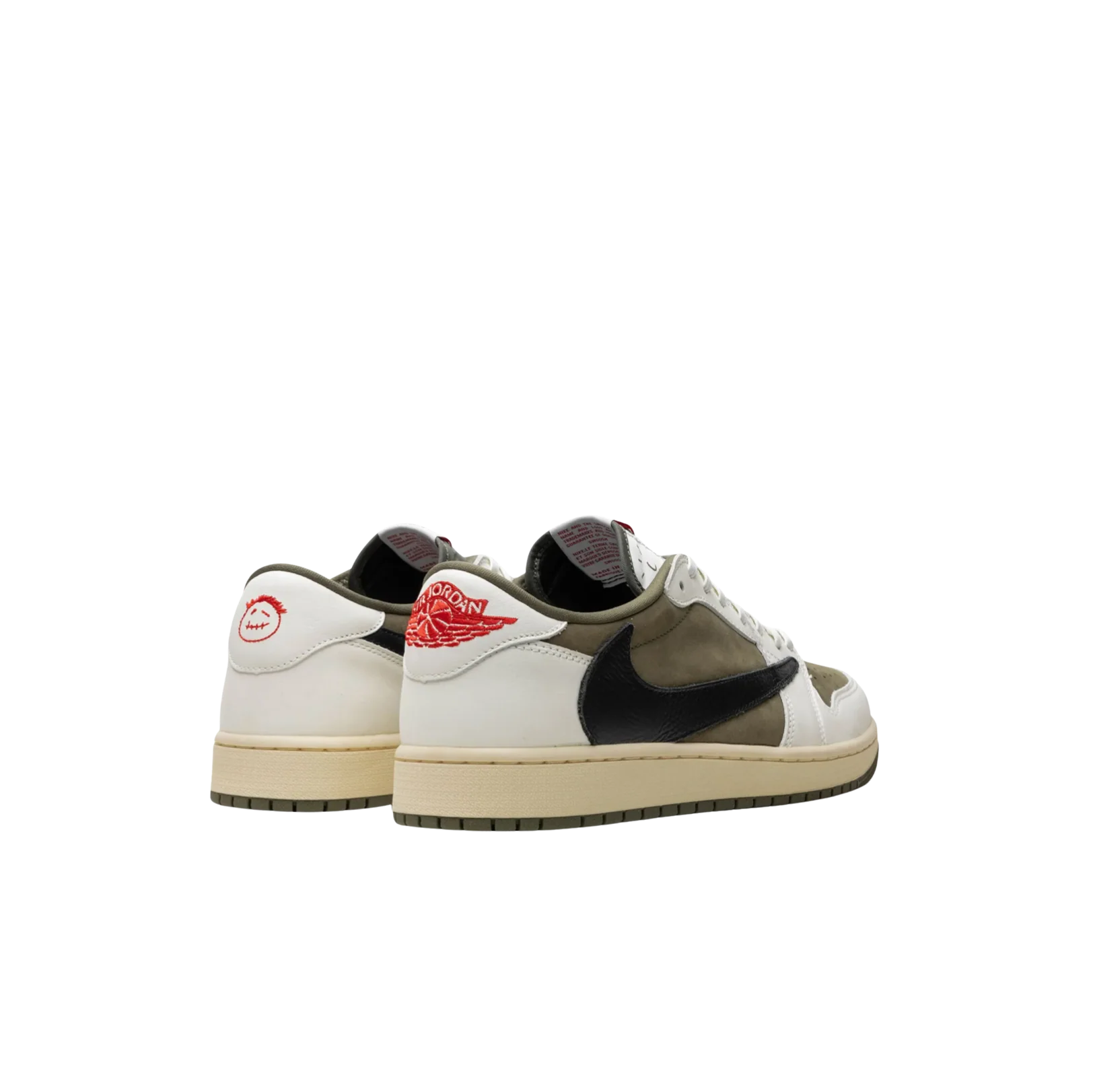 Jordan 1 Travis Scott Medium Olive – vue 3/4 avec détails brodés Cactus Jack, logo Jordan rouge et Swoosh inversé 