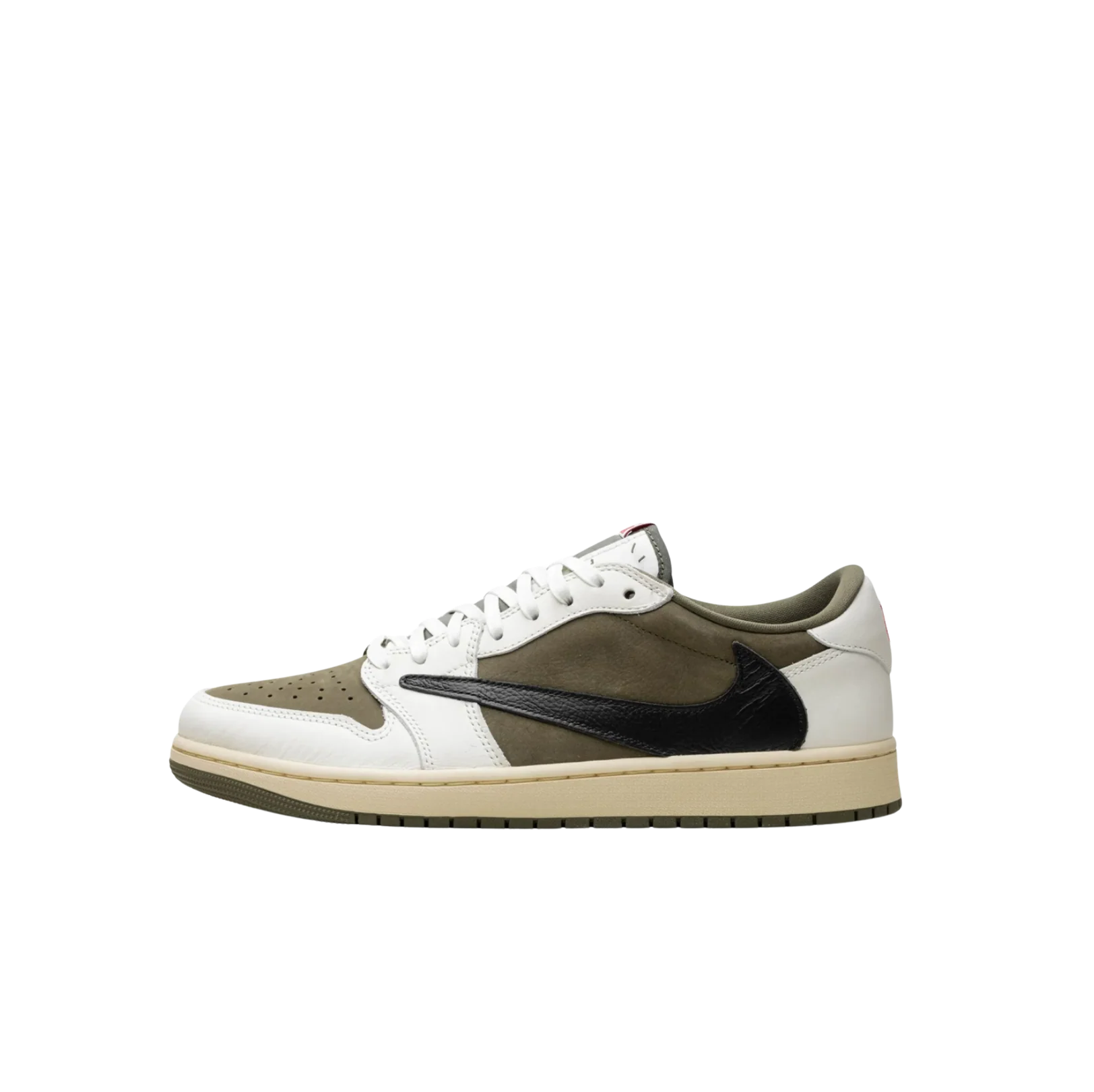 Jordan 1 Travis Scott Medium Olive – vue latérale opposée montrant la tige en suède olive et le design asymétrique signature Travis Scott